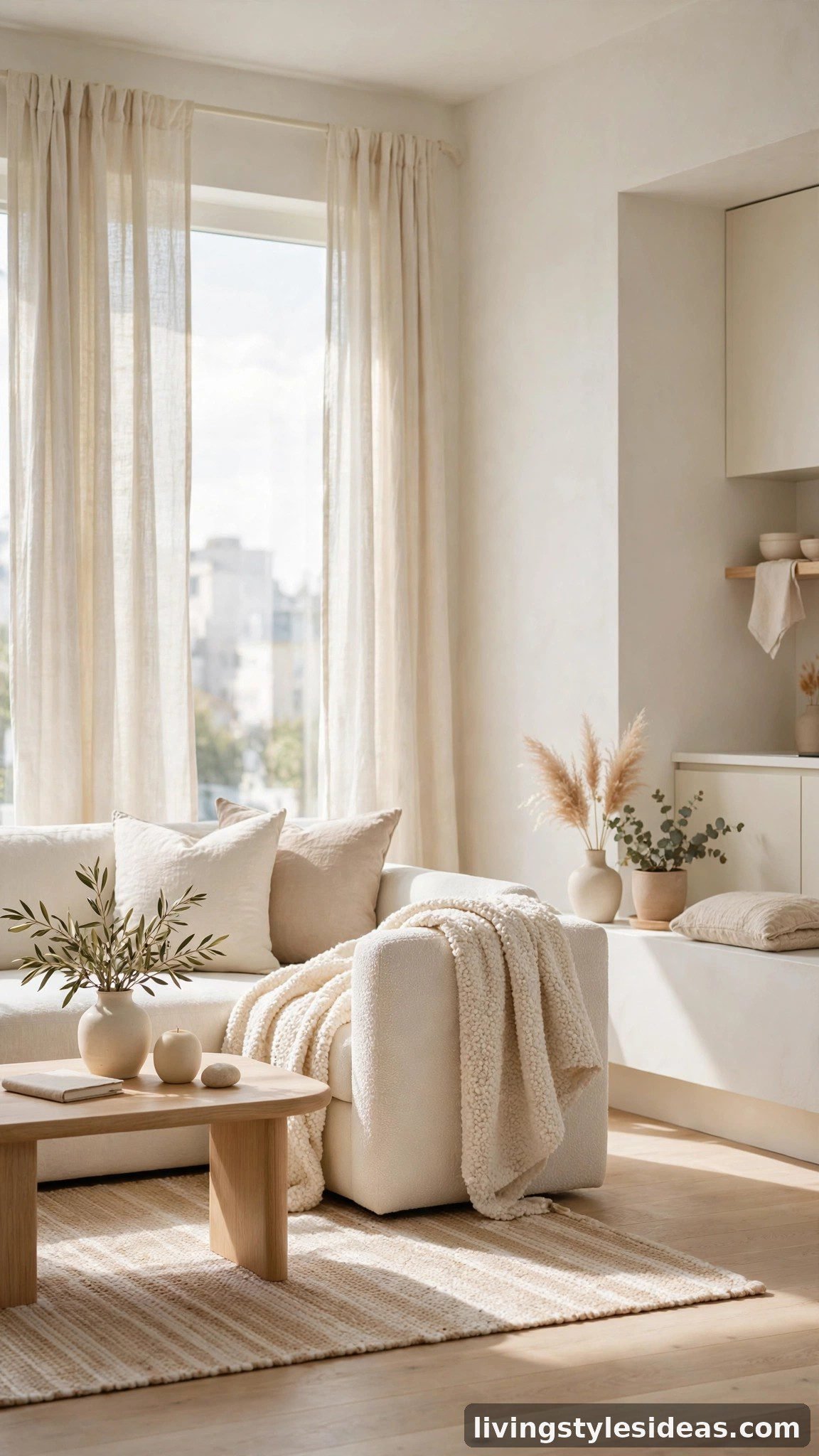 Bright studio apartment in a light white and cream color palette