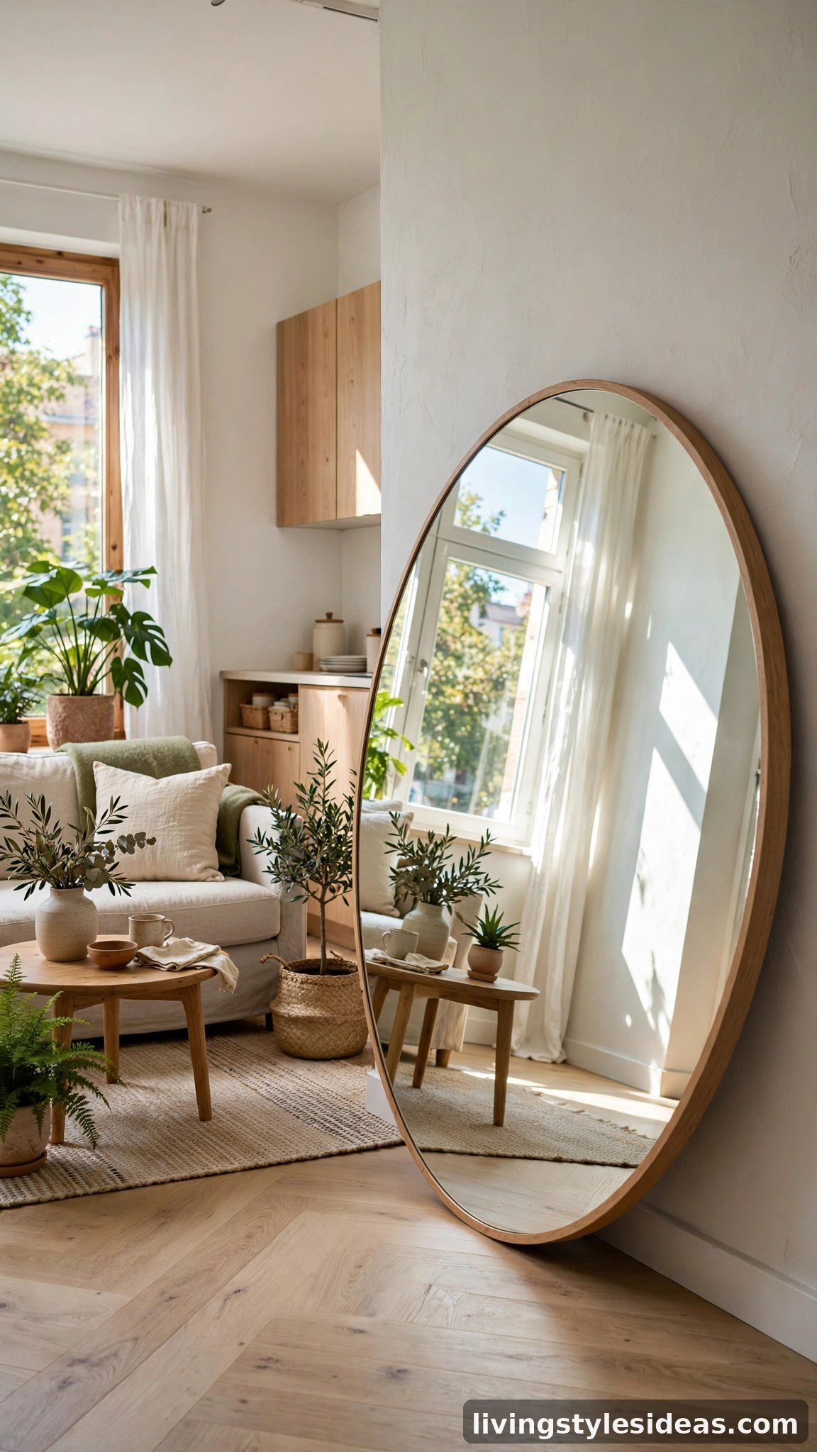 Large mirror reflecting window light in a small studio room