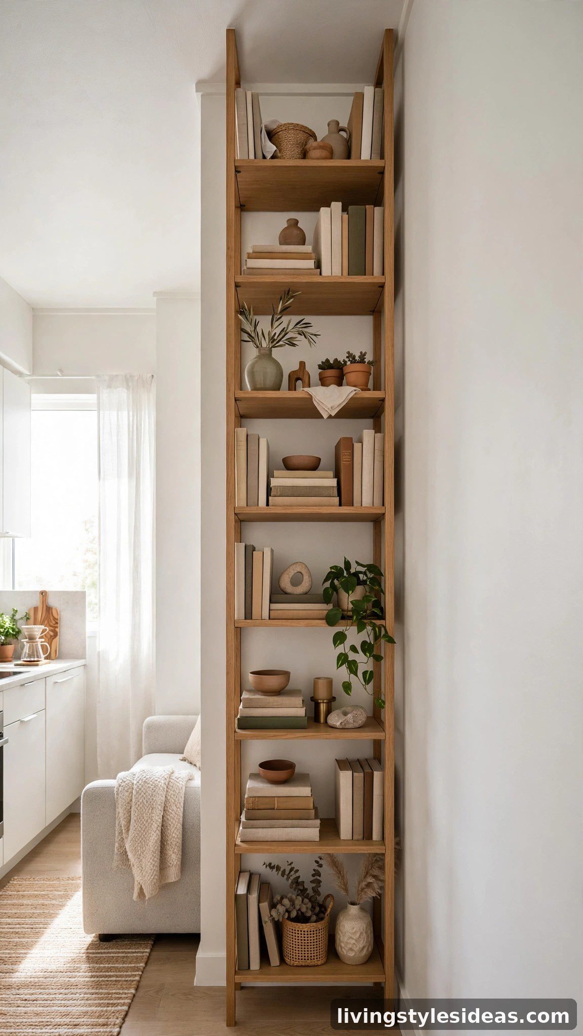 Tall narrow bookcase maximizing vertical storage in a studio