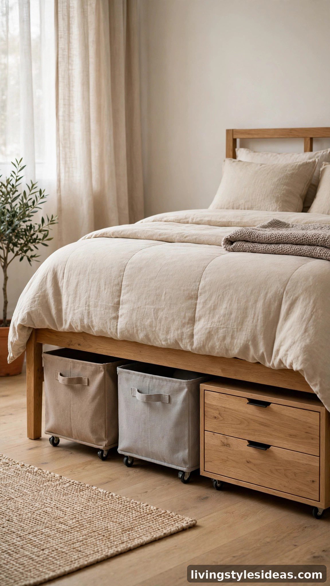 Rolling storage bins tucked under a studio bed