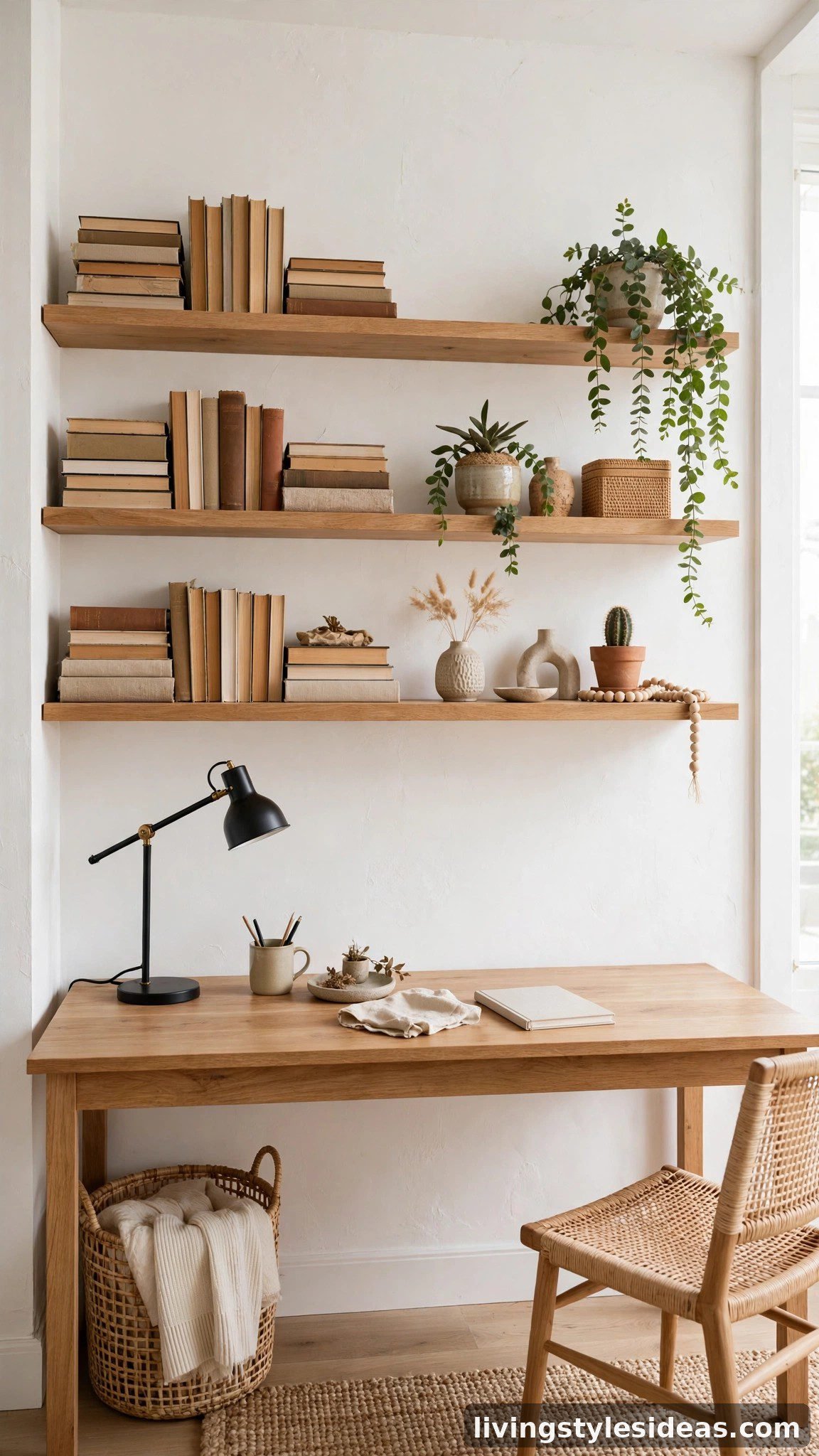 Floating shelves styled with books and plants in a studio apartment