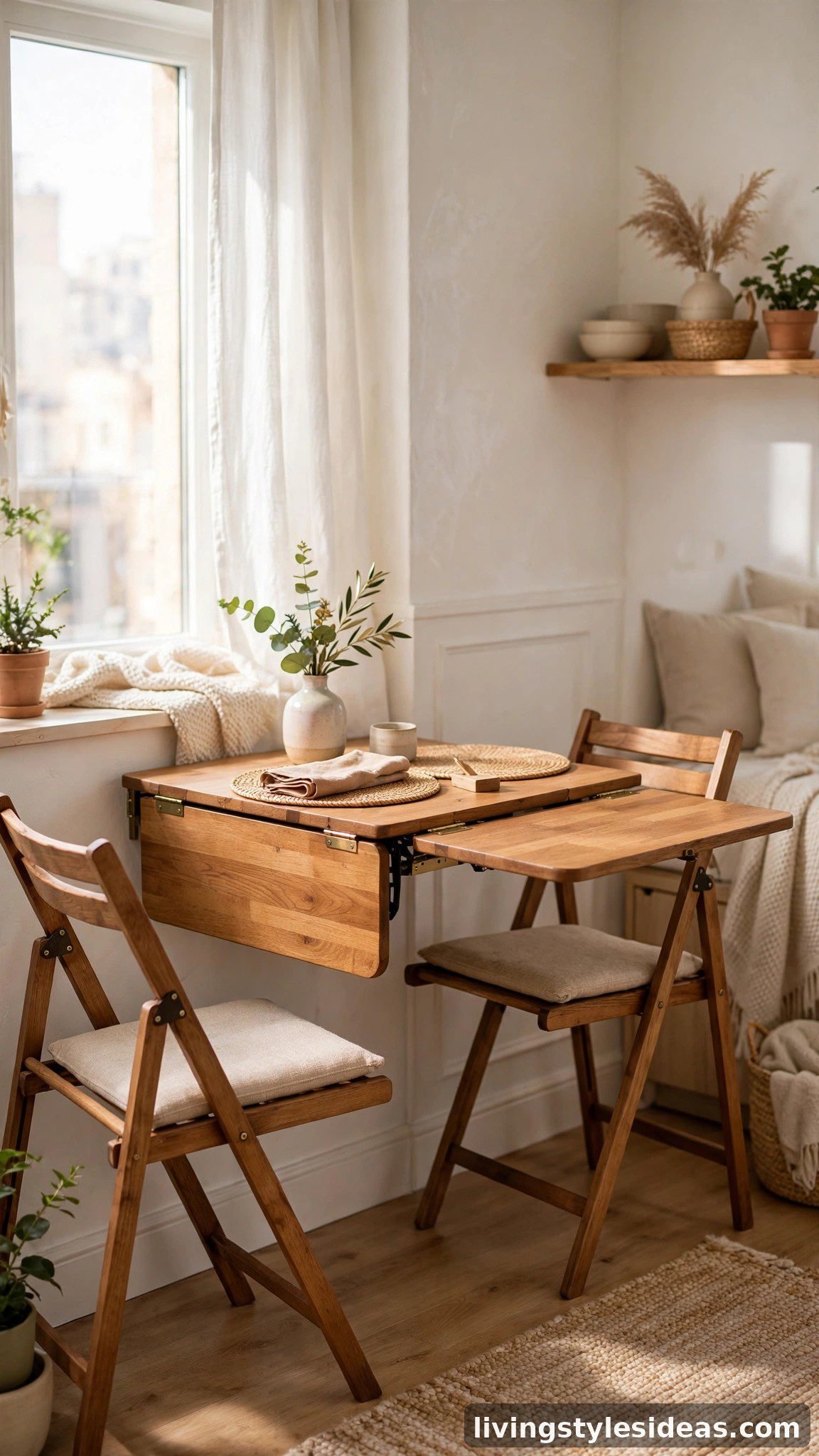 Compact drop-leaf dining table with folding chairs in a studio