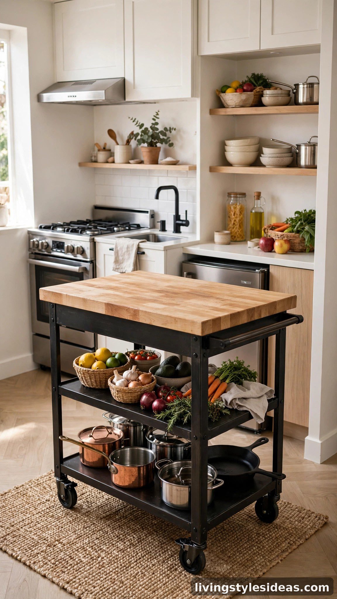 Rolling kitchen cart island with butcher-block top in a studio