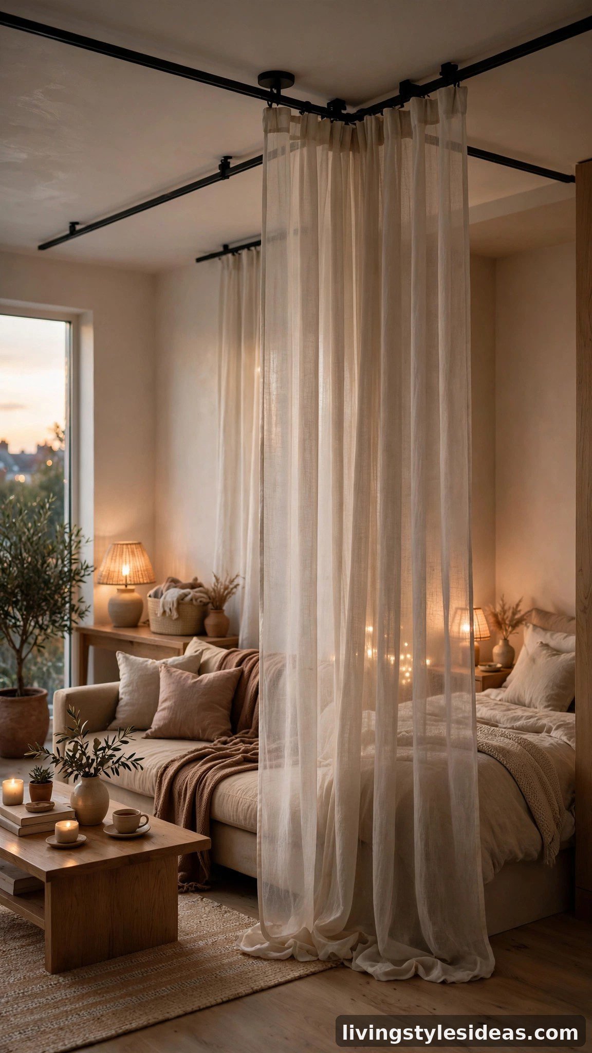Ceiling curtain track separating the bedroom area of a studio