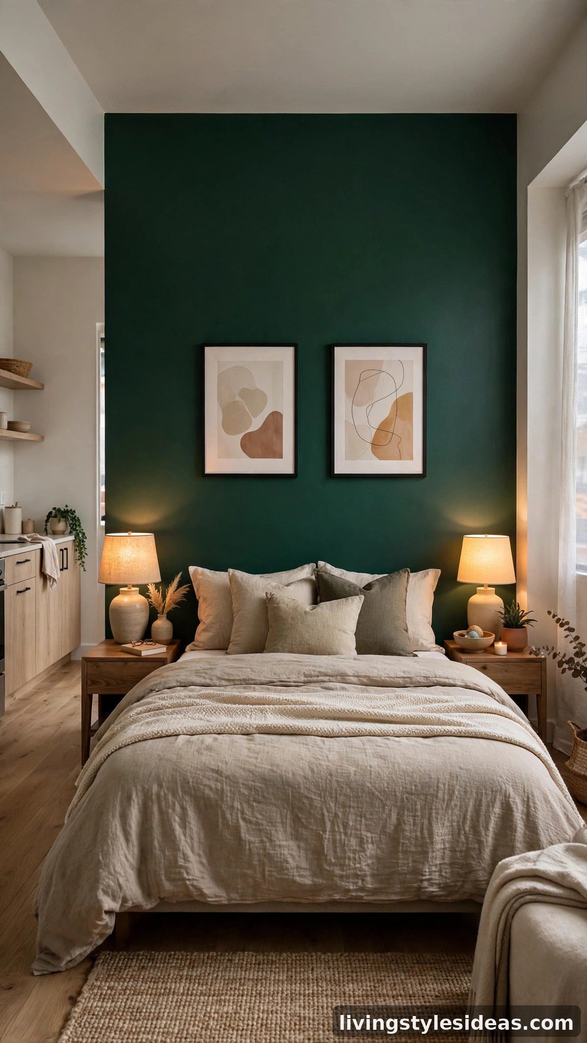Bold green accent wall behind a bed in a studio apartment