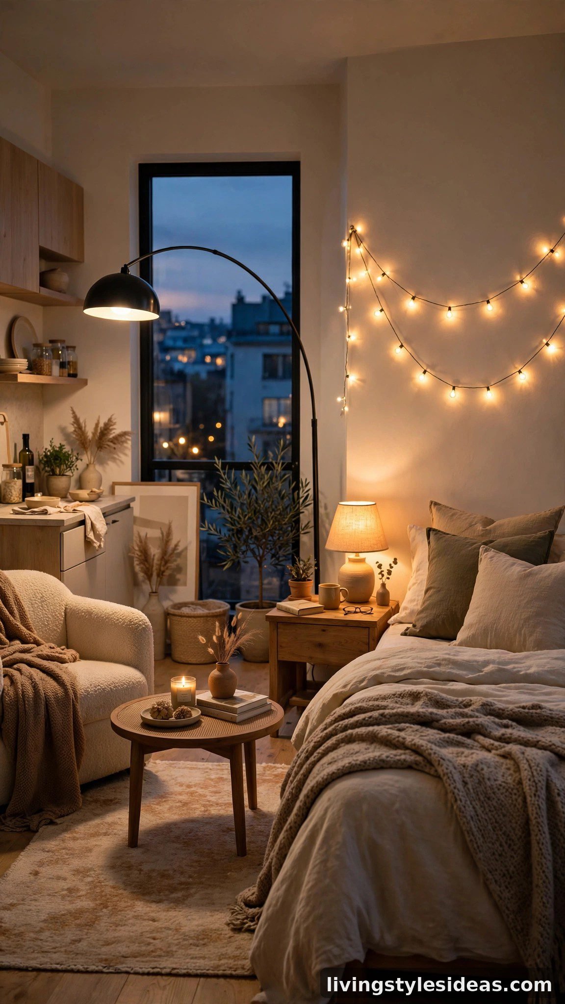 Layered lighting with floor lamp and string lights in a cozy studio