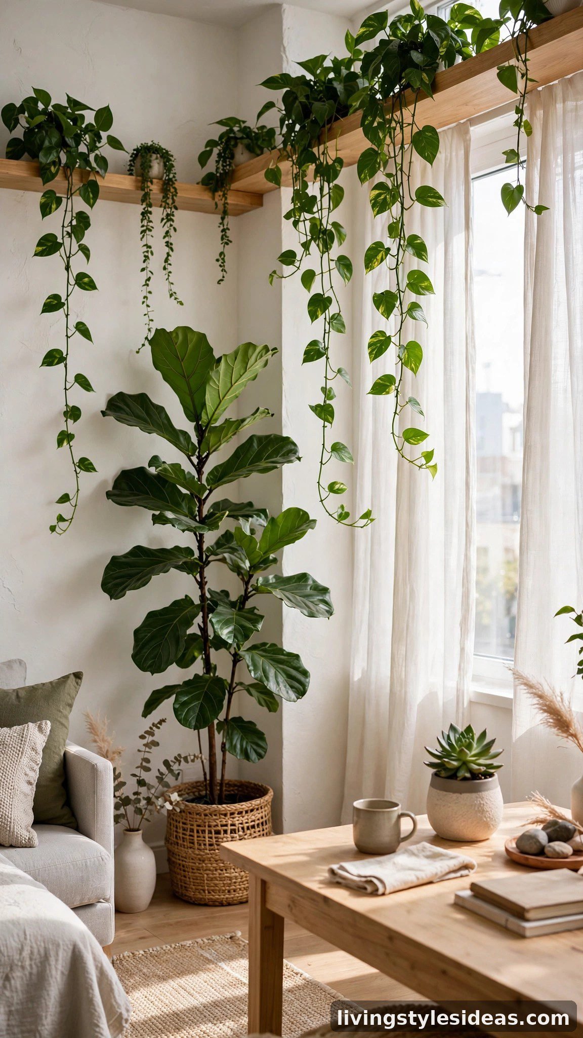 Lush houseplants greening up a bright studio apartment