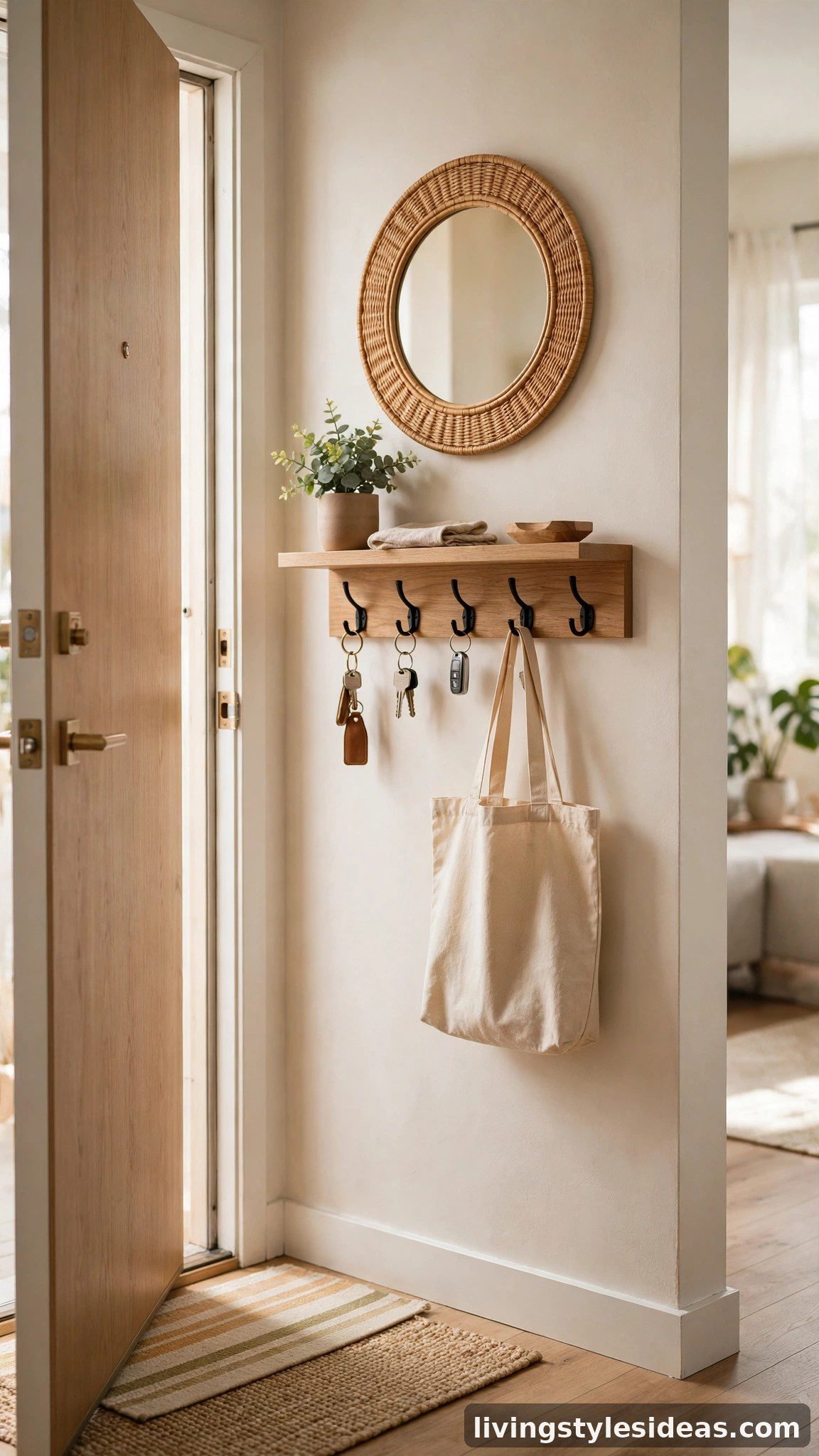 Mini entryway with hooks, runner rug and mirror in a studio apartment