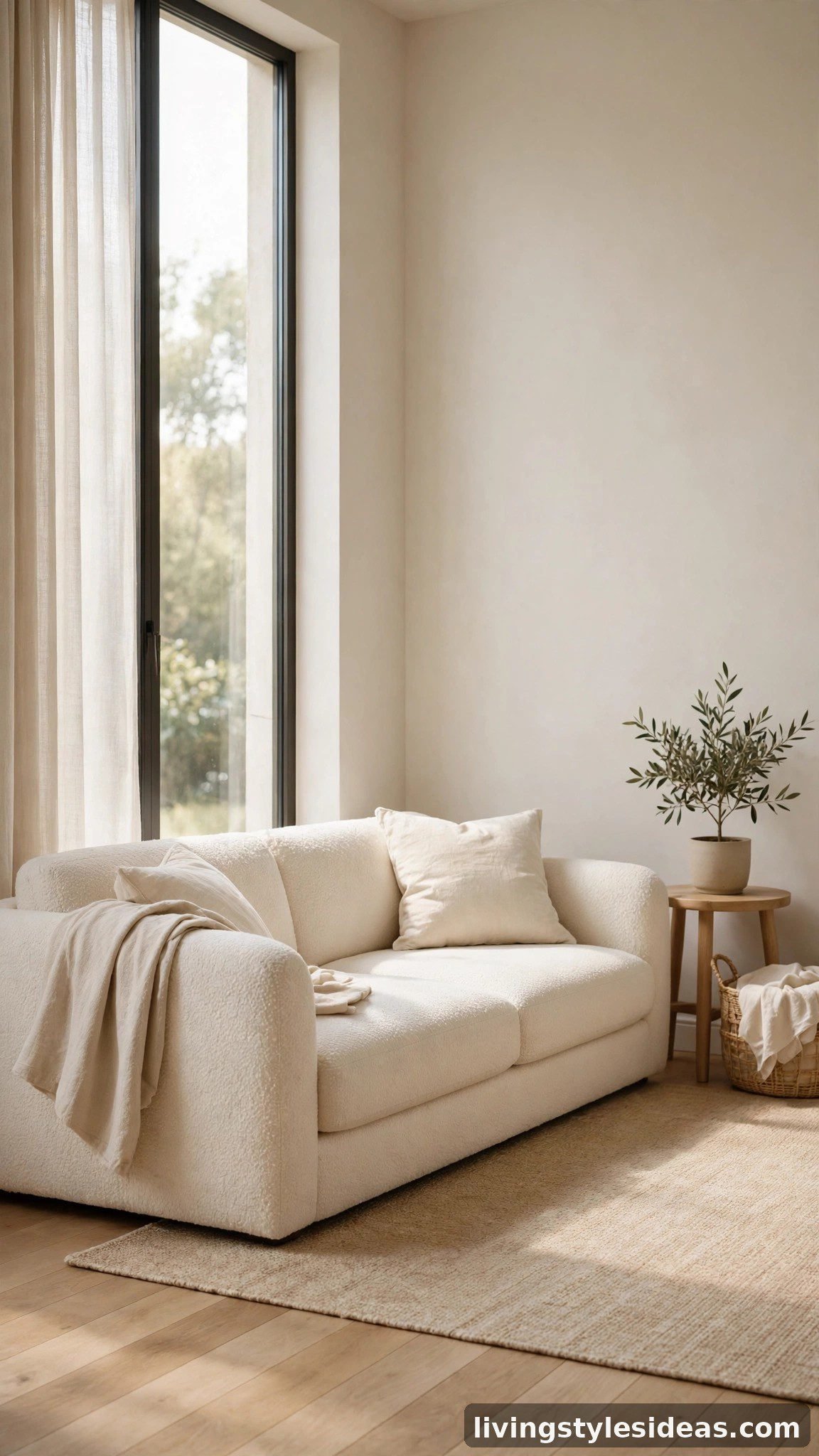 Beige area rug matched to a cream sofa in a bright studio apartment