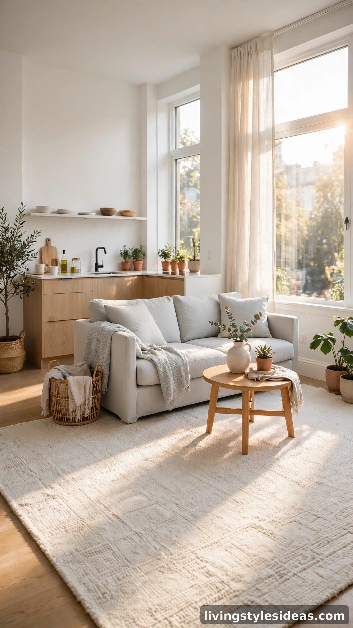 Light ivory rug making a small studio apartment feel open and airy