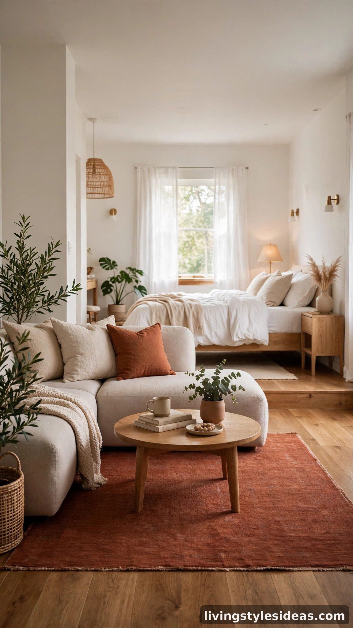 Deeper-toned rug zoning the living area in an open-plan studio apartment