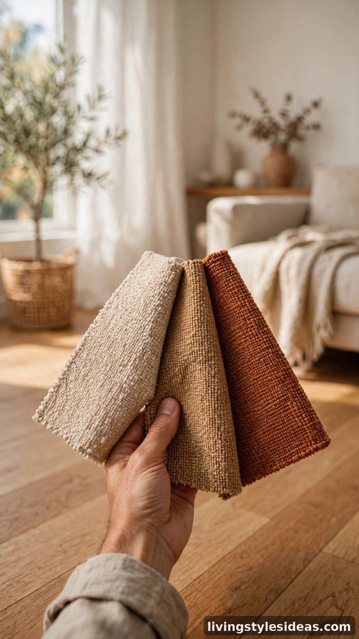 Rug fabric samples held against warm oak flooring in daylight