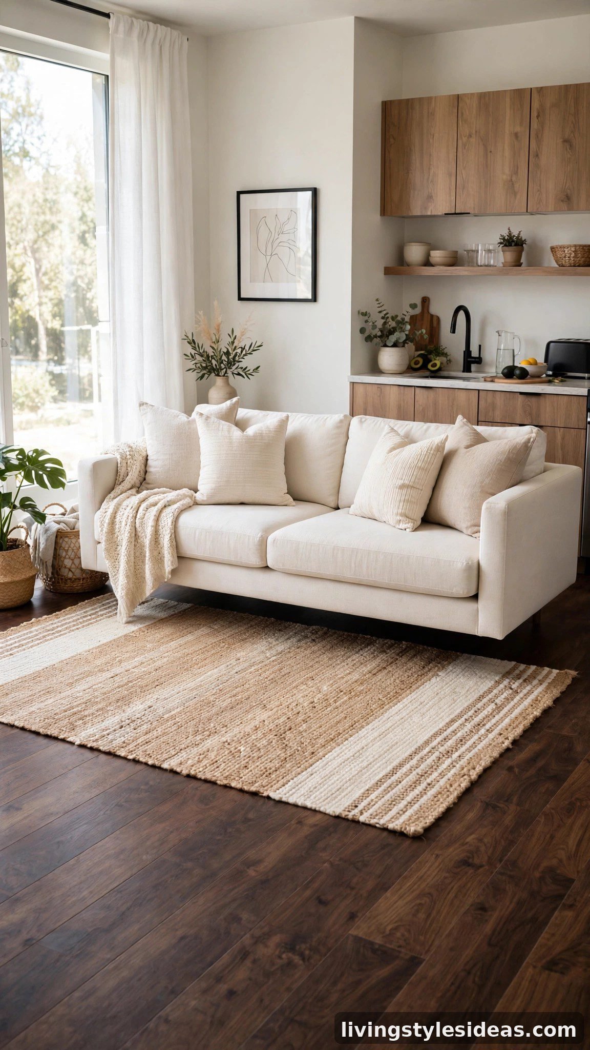 Light natural jute rug contrasting with dark wood floors in a studio
