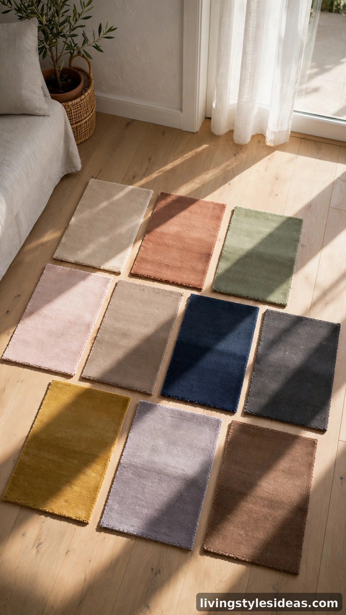 Sunlight falling across rug samples in a south-facing studio apartment