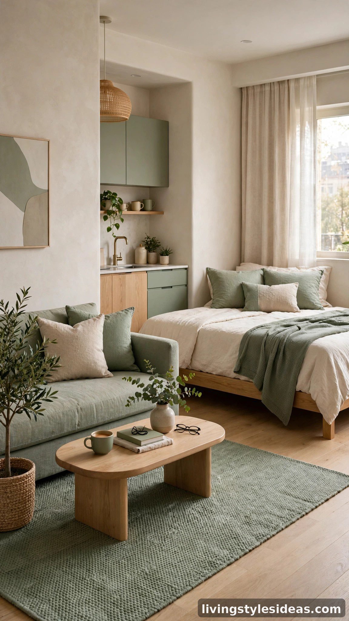Studio apartment with rug color echoed in the bedding and curtains