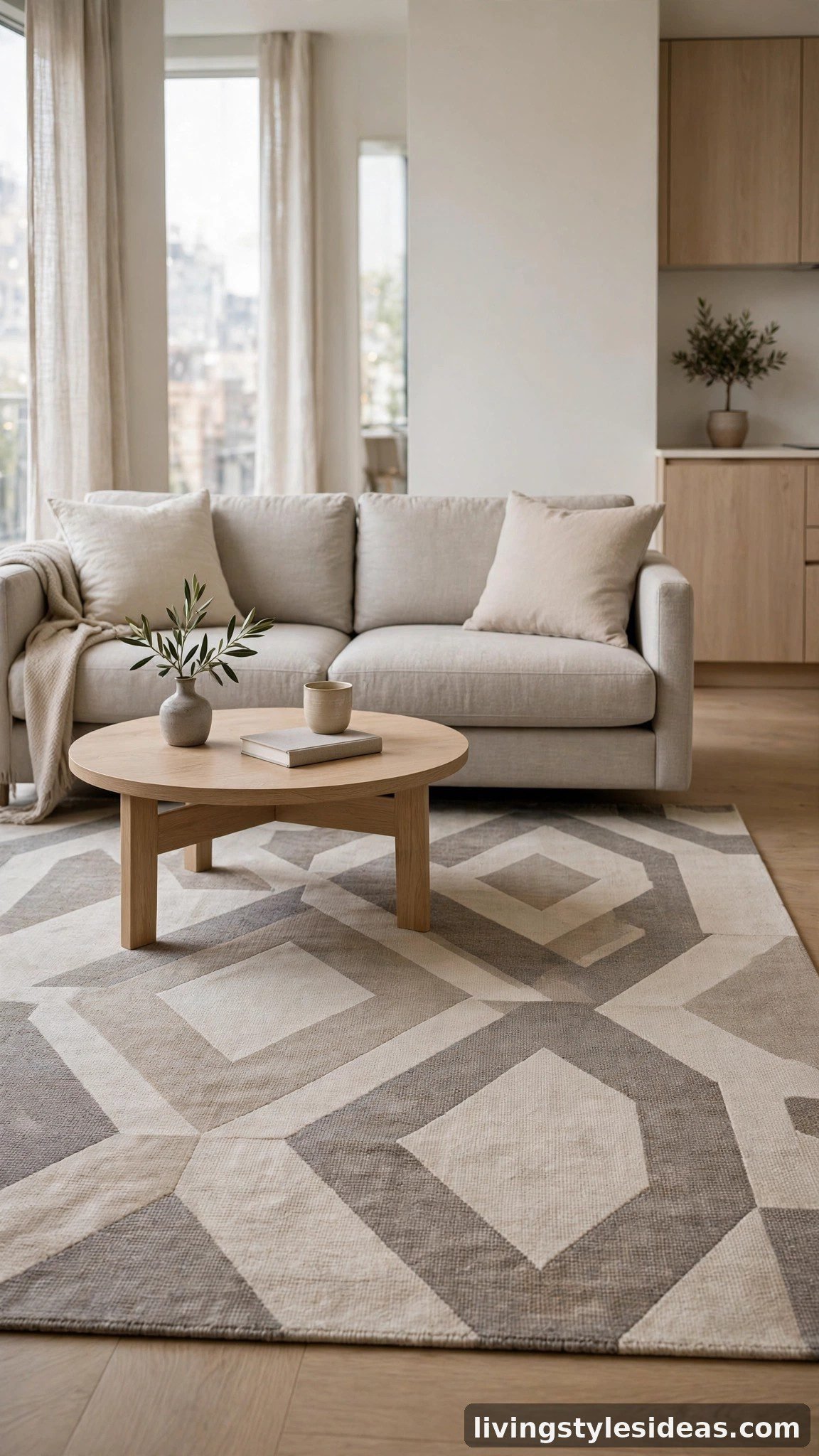 Large-scale patterned rug in a calm small studio living area