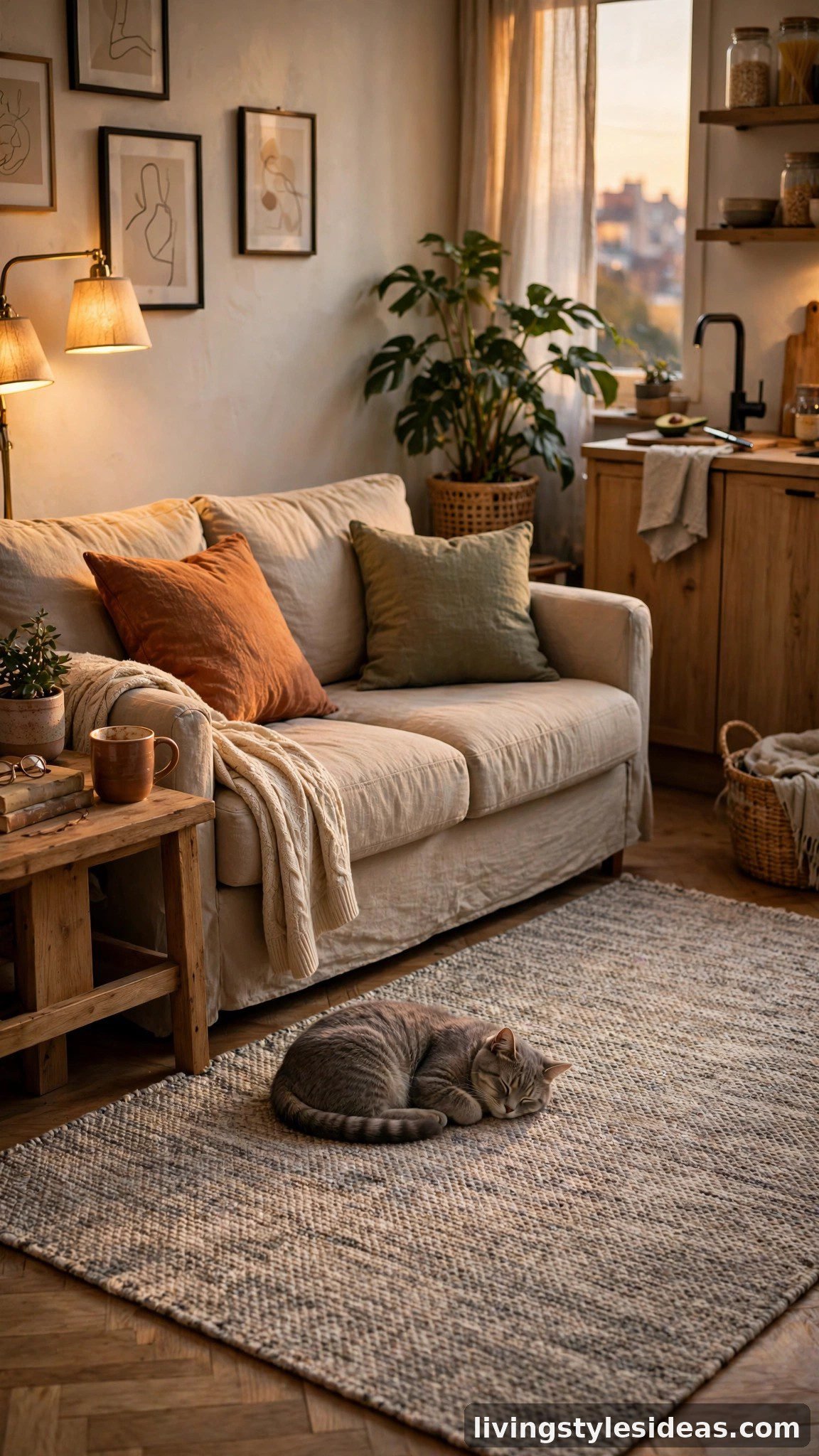 Heathered mid-tone rug hiding pet hair in a lived-in studio apartment