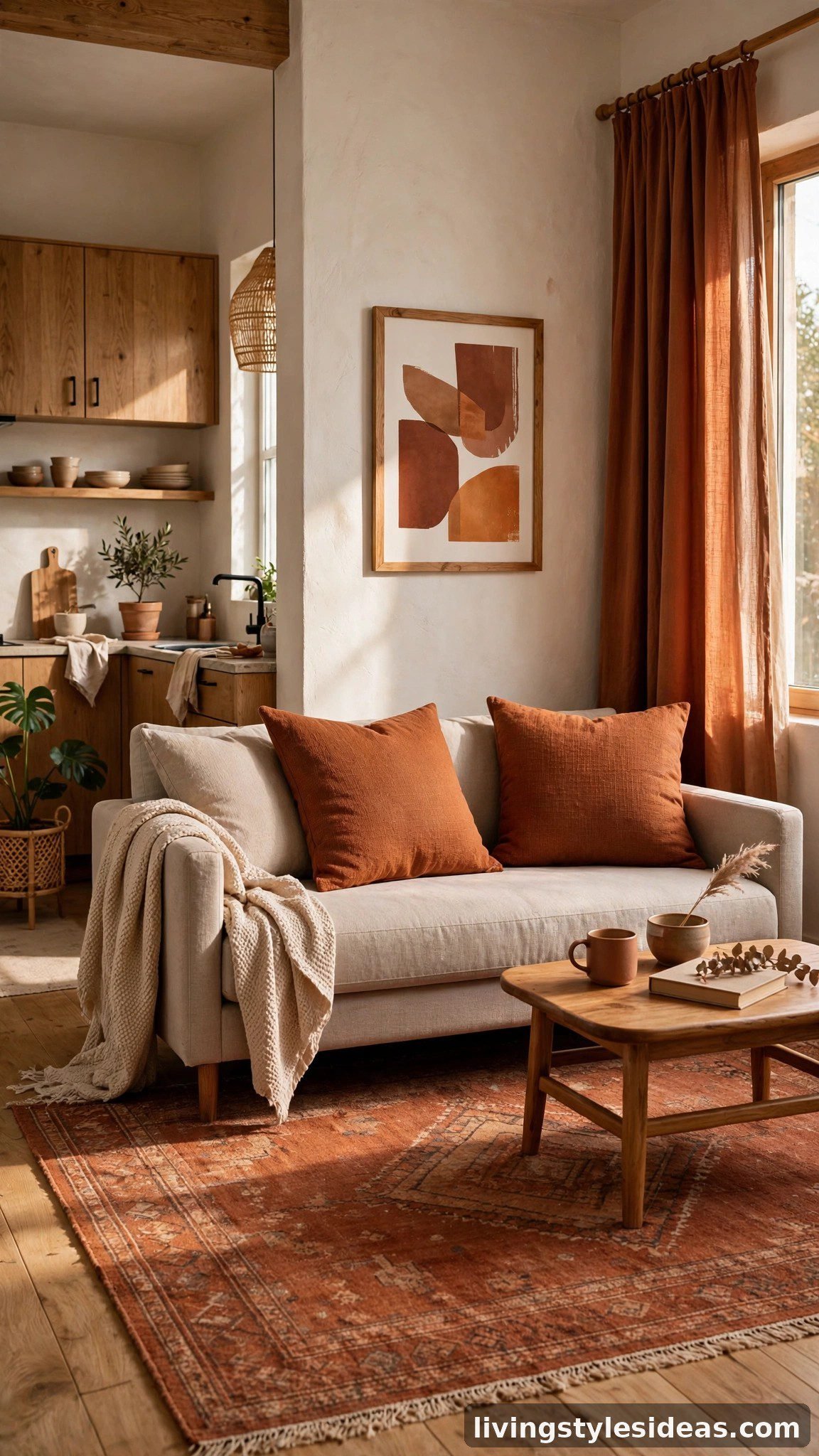 Studio apartment with rug color repeated in cushions and wall art