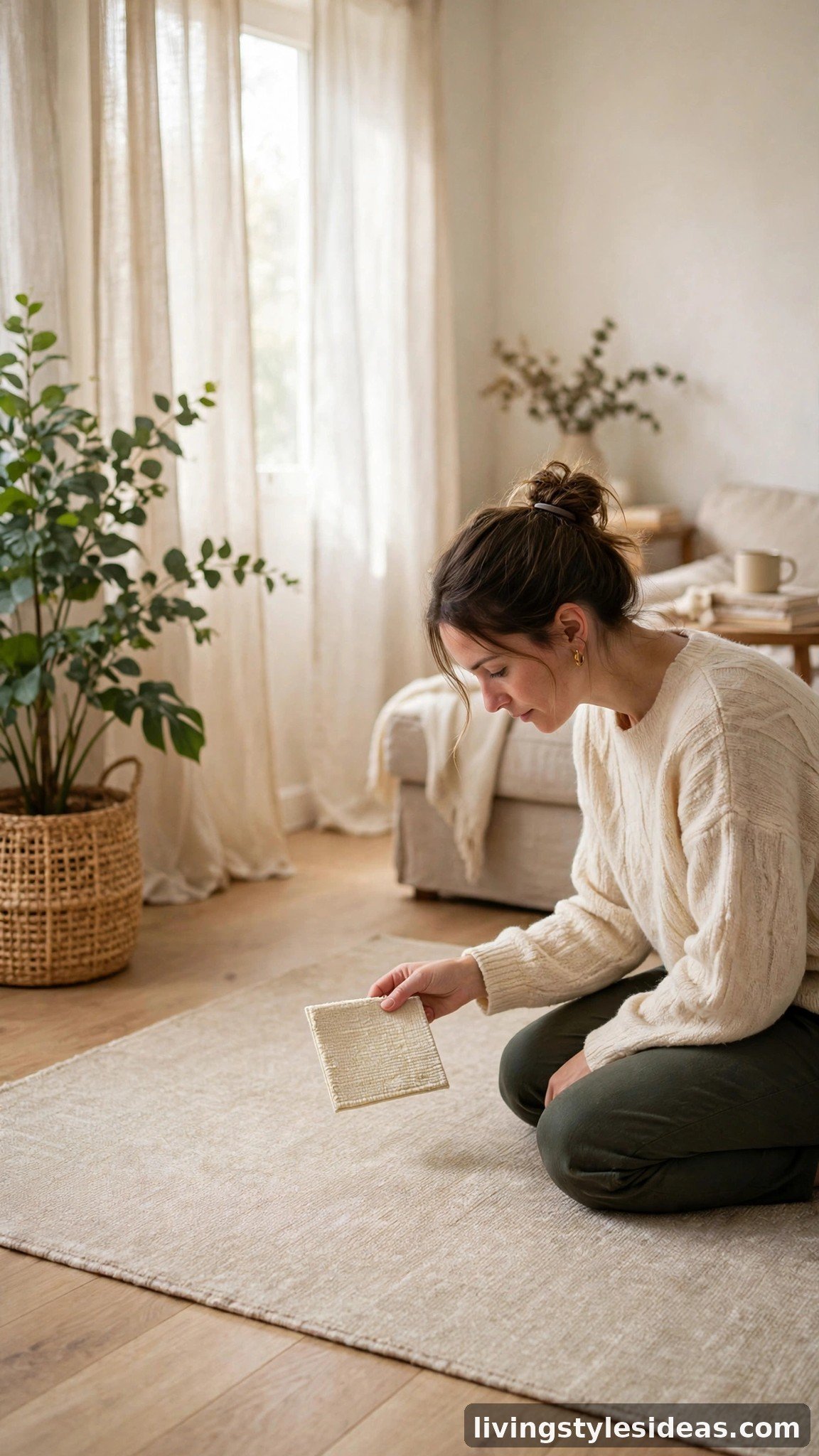 Woman comparing a rug swatch in a bright studio apartment to assess natural light