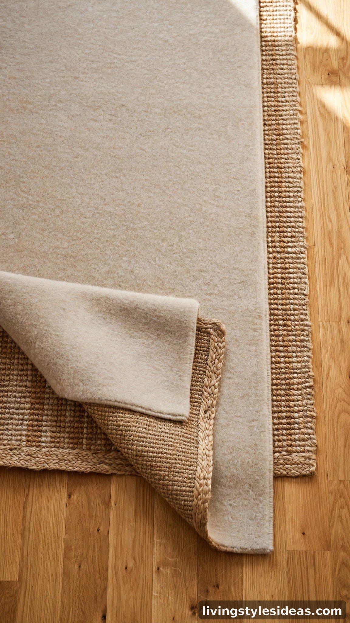 Light oak wood floor partially covered by a layered beige wool and jute rug