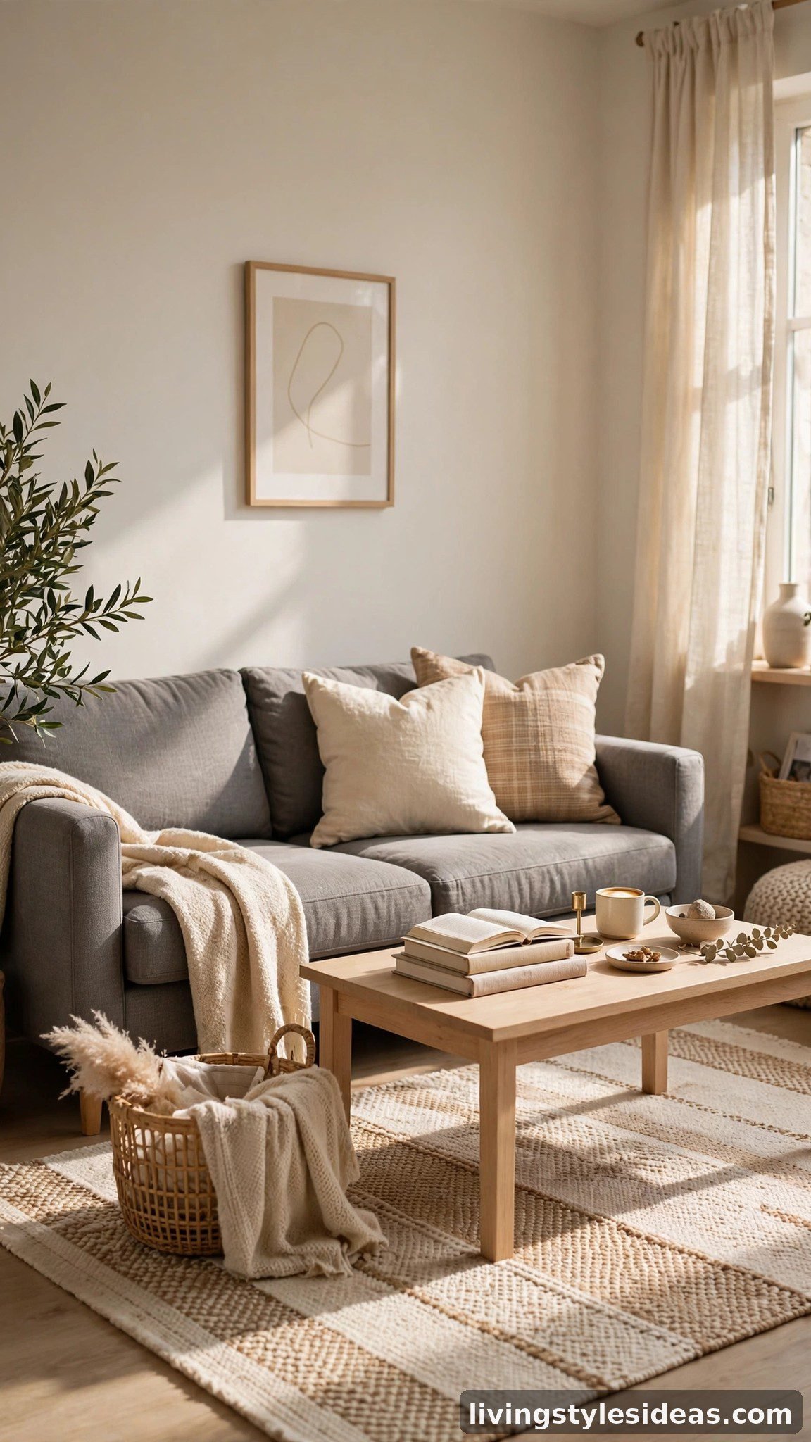 Gray fabric sofa paired with a cream area rug in a cozy studio living area