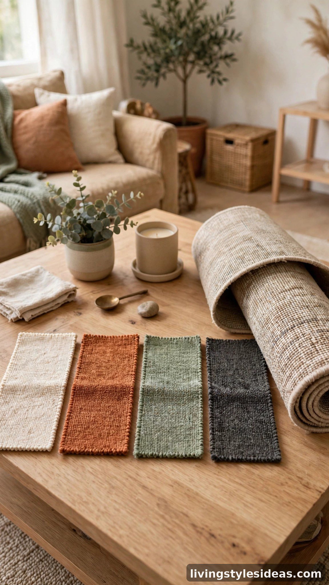 Rug color swatches in cream, terracotta and sage arranged on a studio coffee table
