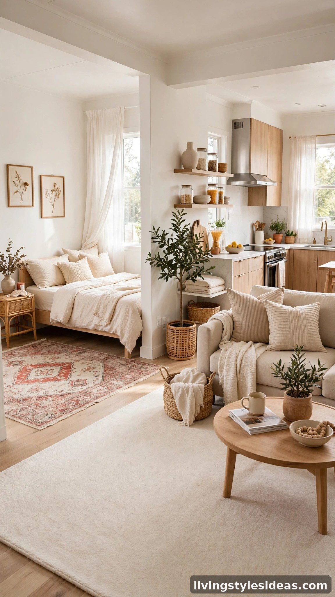 Studio apartment zoned with a patterned rug by the bed and a cream rug in the living area
