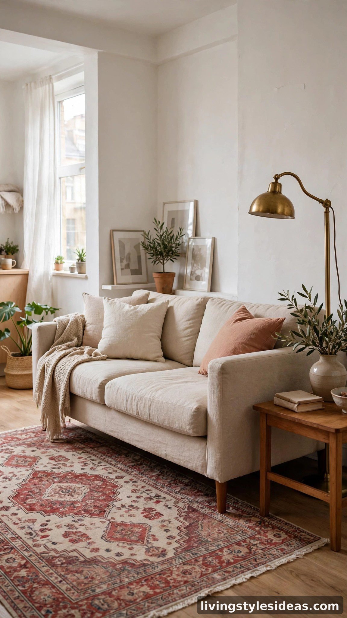 Vintage patterned area rug in muted red and cream under a linen studio sofa