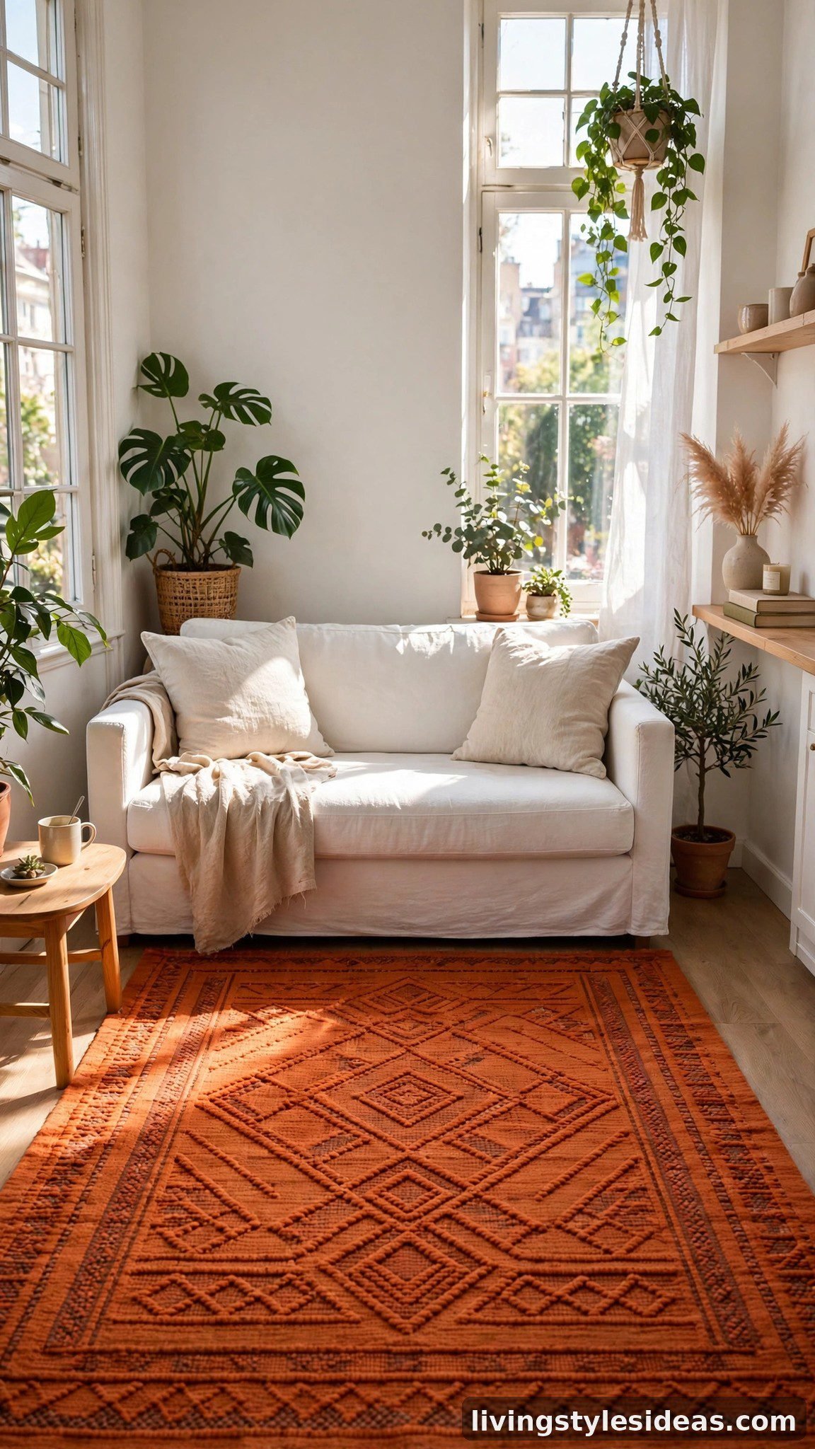 Bold terracotta area rug as a statement piece in a bright neutral studio apartment