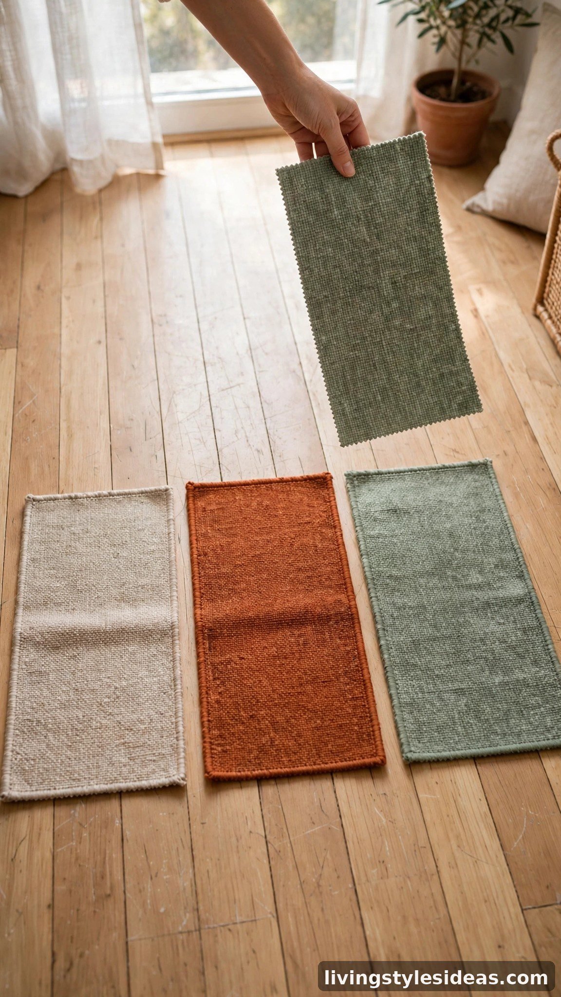 Hand placing rug swatches on a studio floor near a bright window in daylight