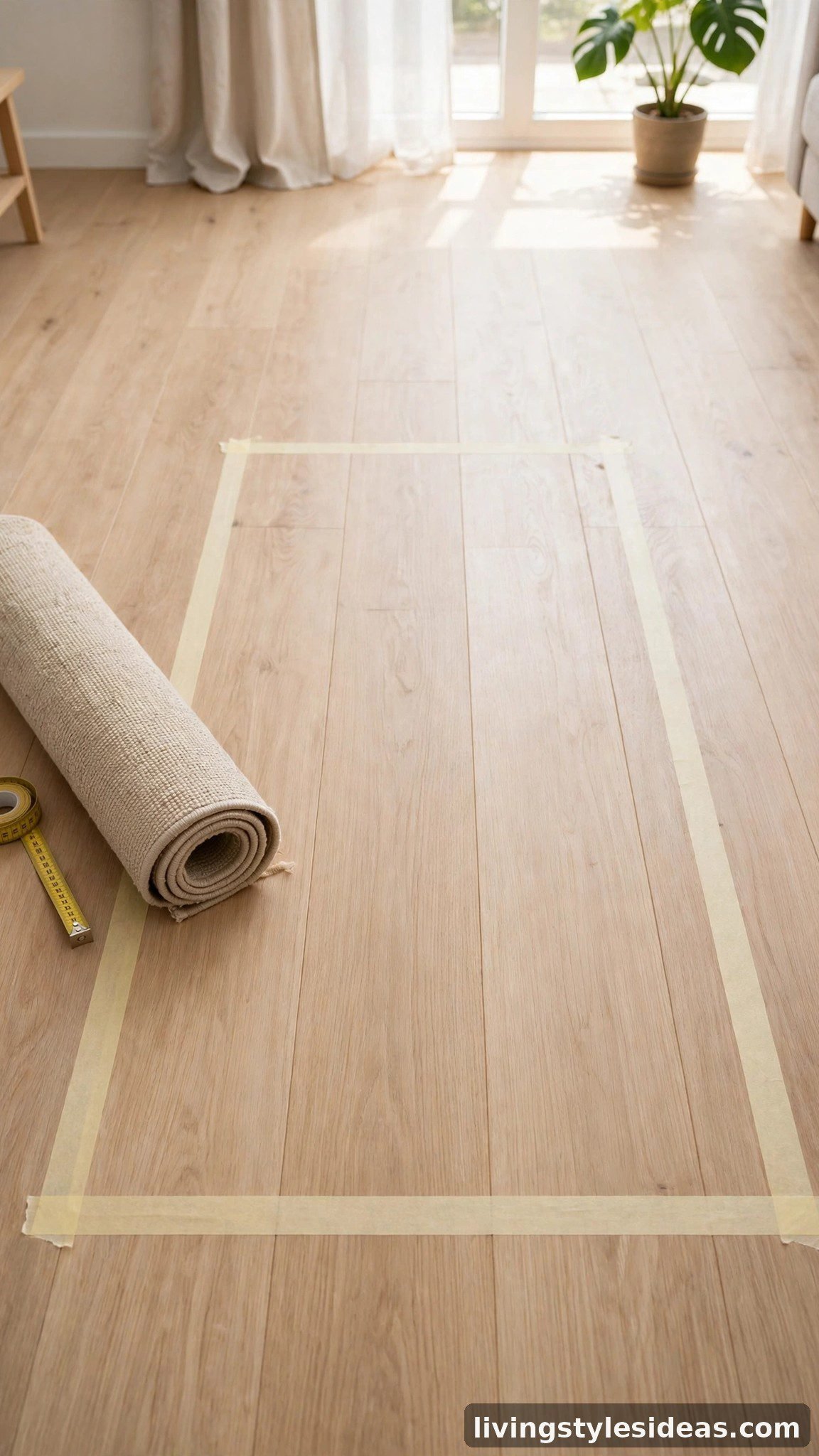 Painter's tape outline marking rug size on a studio apartment wood floor