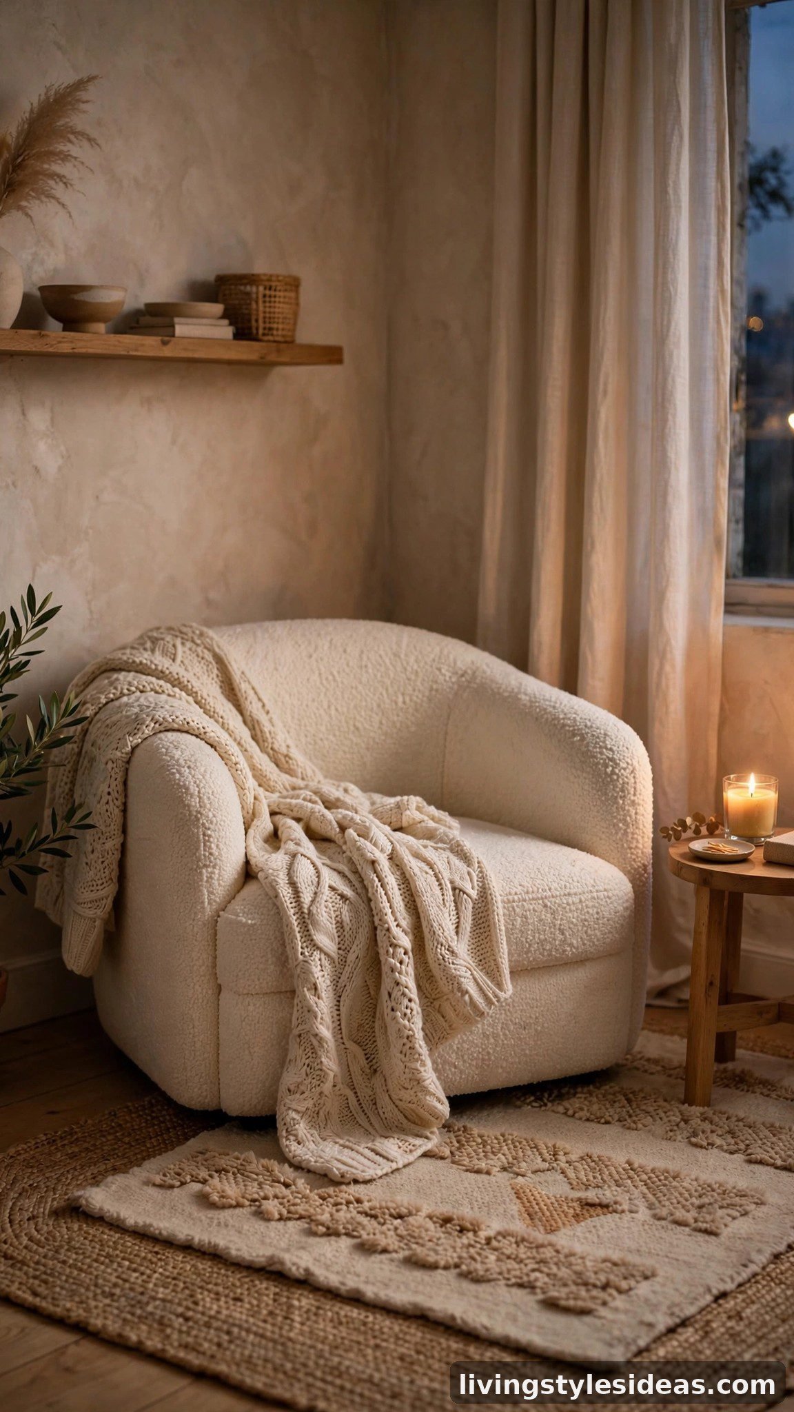 Layered beige and jute rugs styled with a boucle armchair in a cozy studio corner