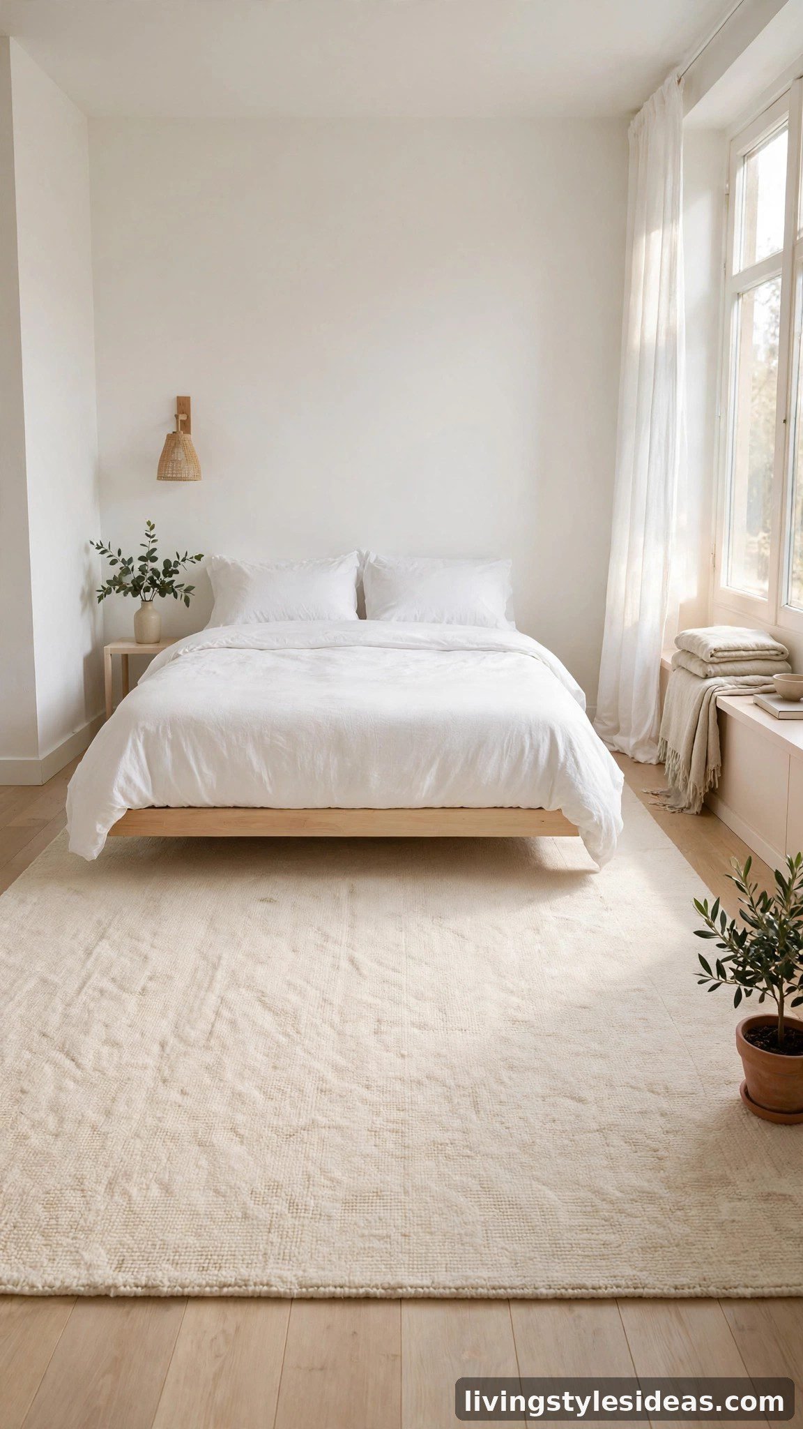 Cream area rug under a bed in a bright airy studio apartment