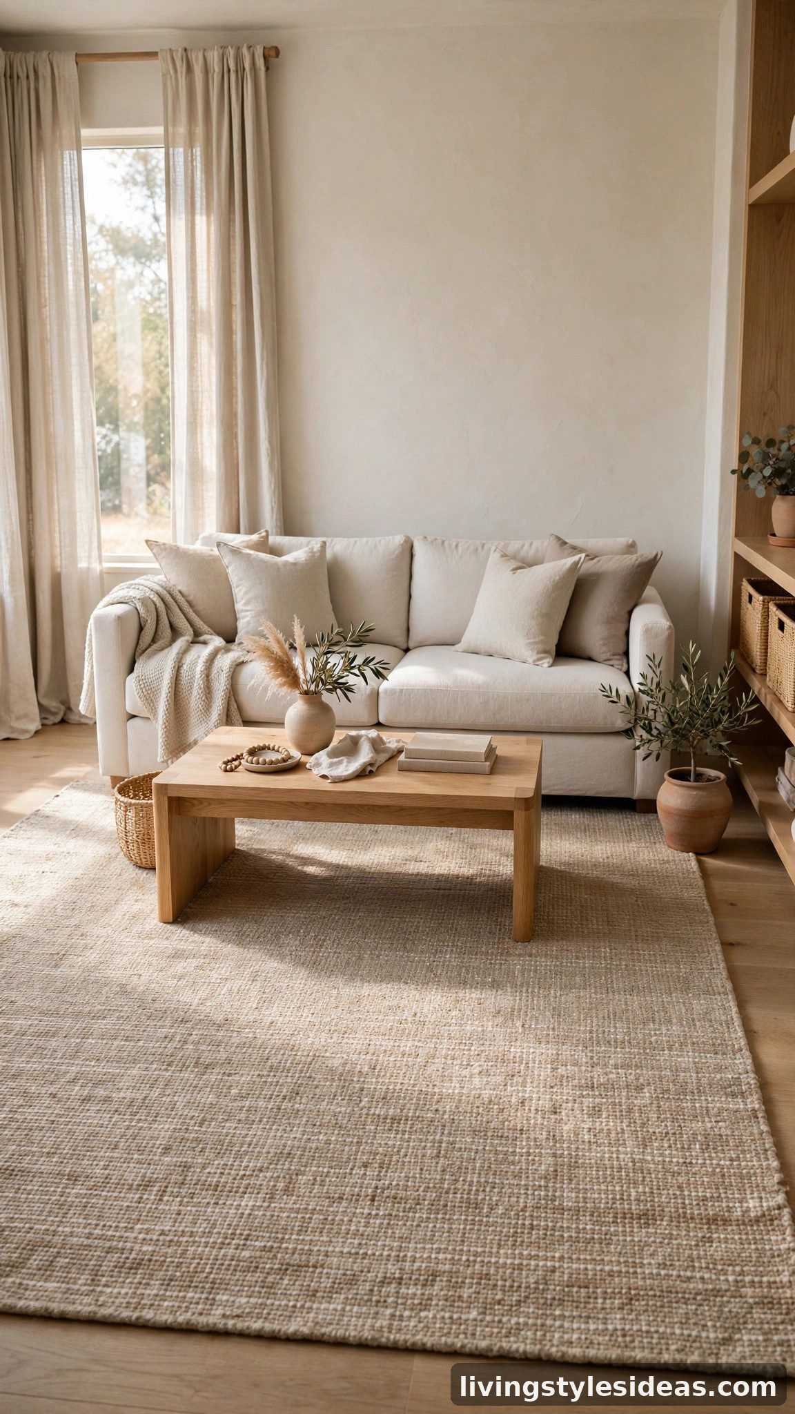 Beige greige rug with oak furniture in a cozy studio apartment