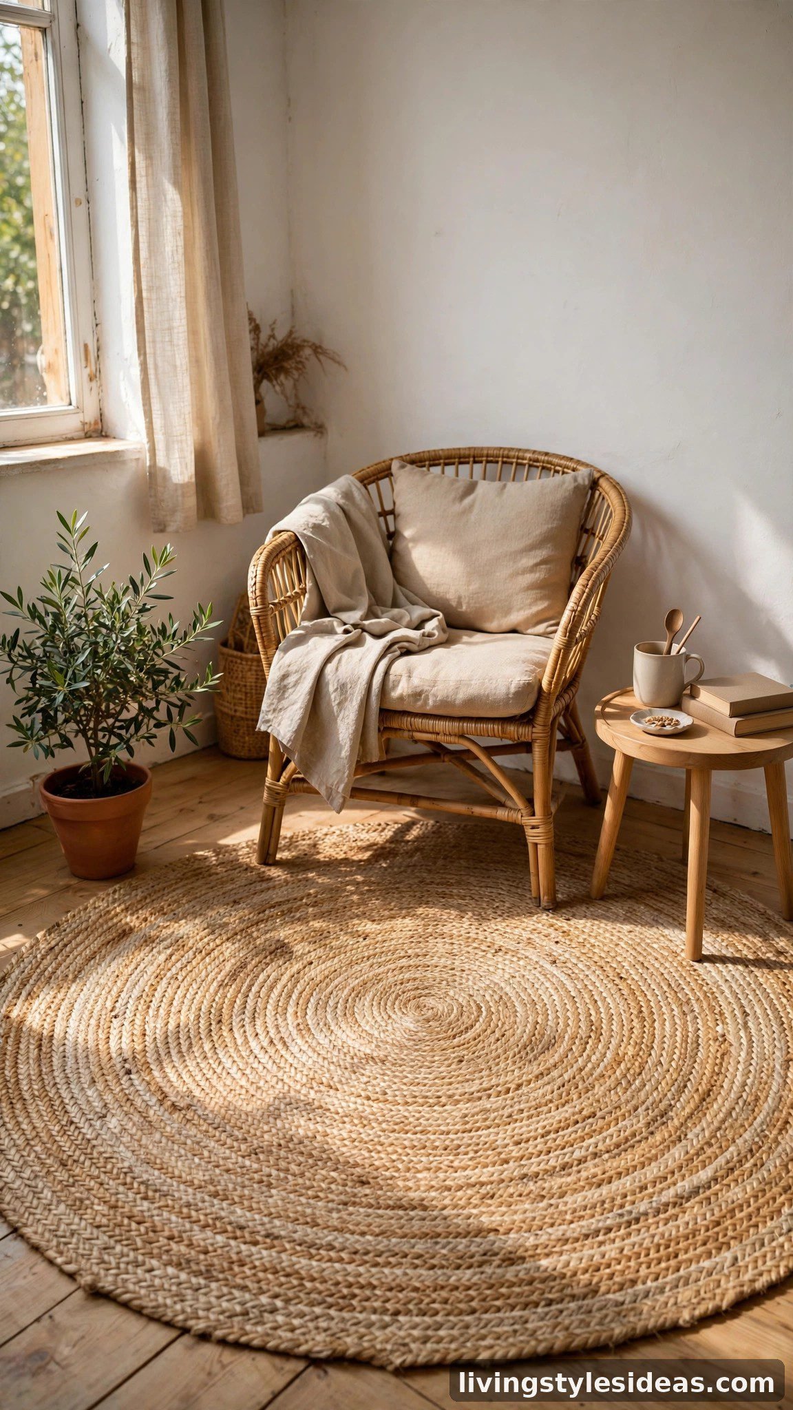 Natural jute sisal rug adding organic texture to a studio living area