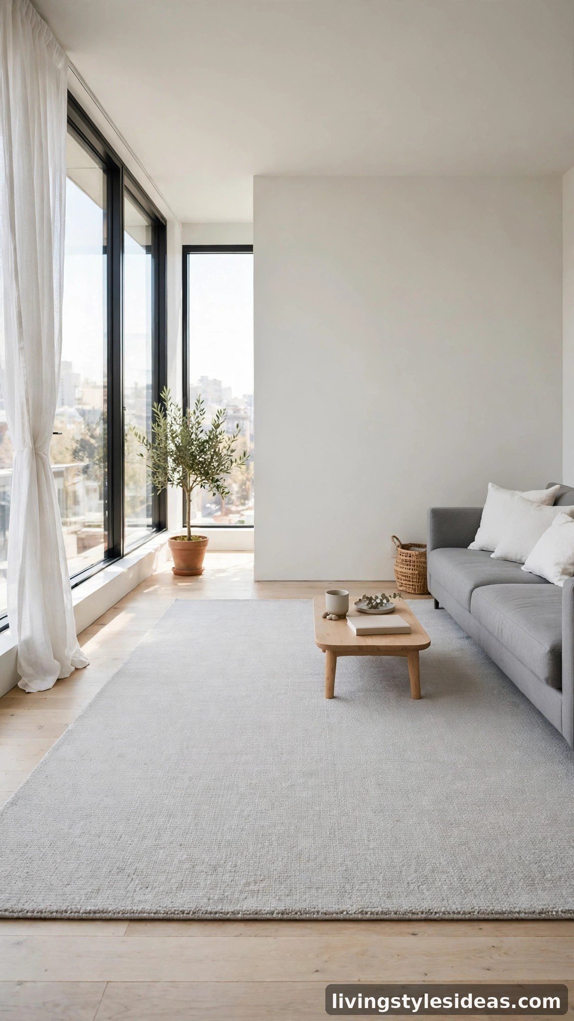 Light grey modern rug over pale wood floors in a calm studio