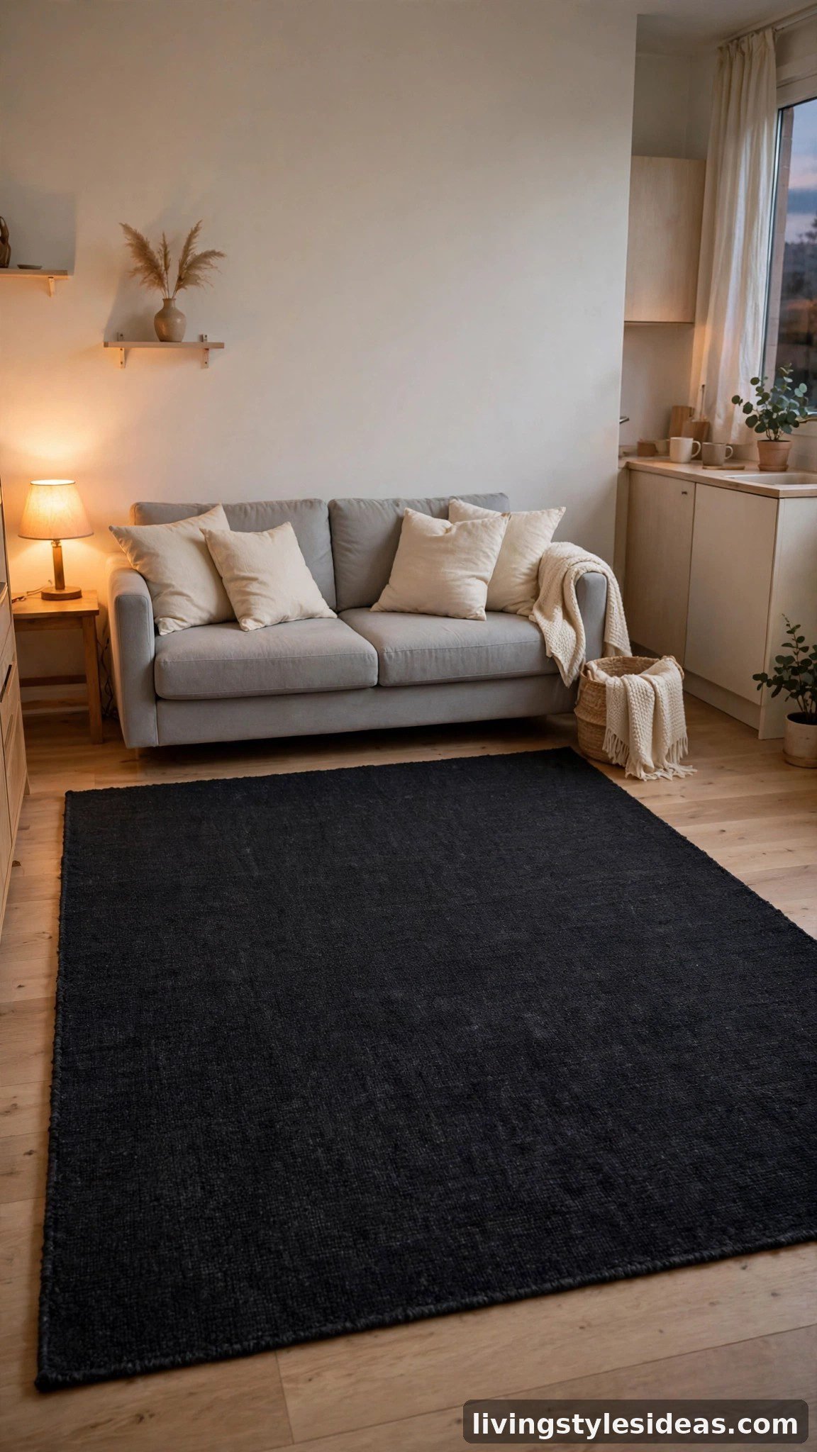 Charcoal dark rug anchoring the seating zone in a studio apartment