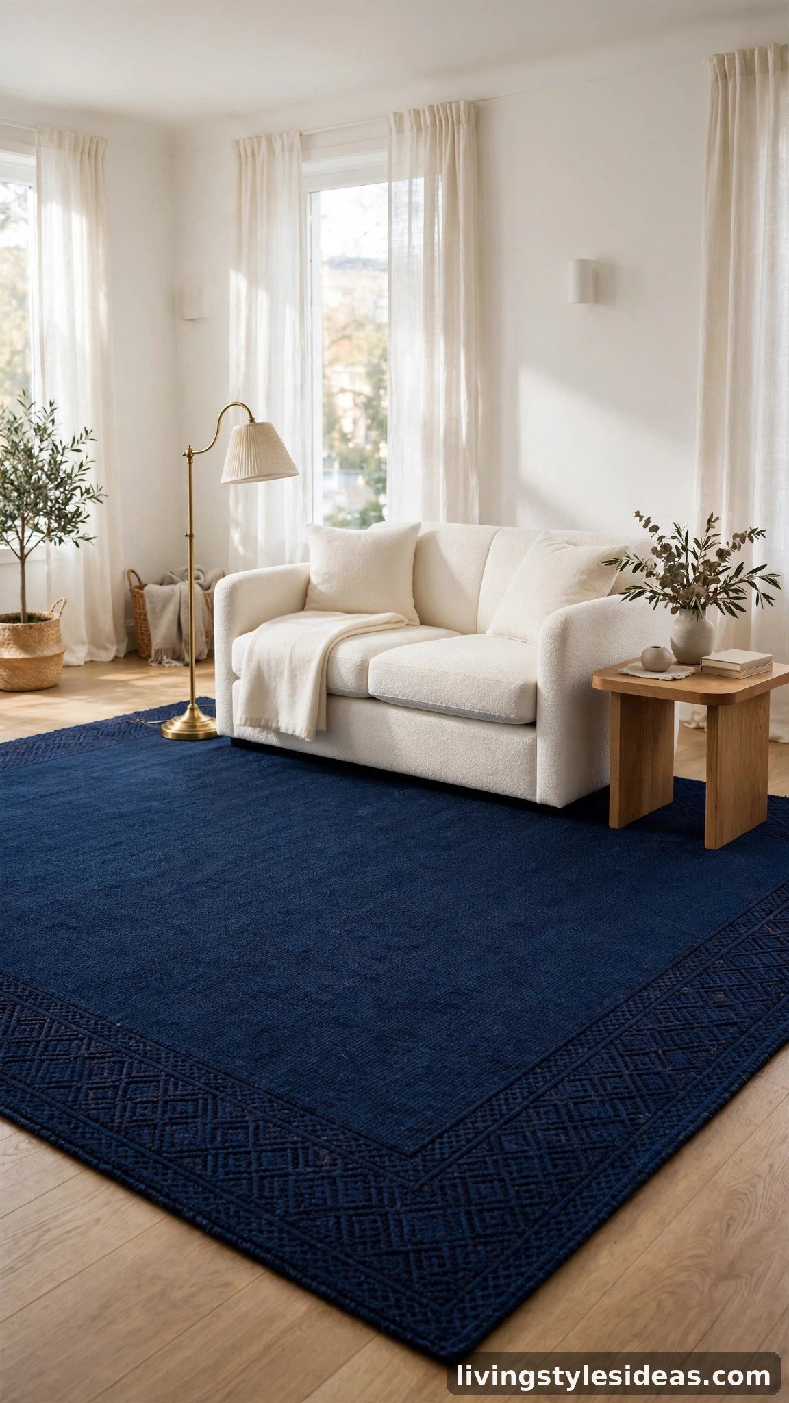 Navy blue rug with cream sofa in an elegant studio apartment