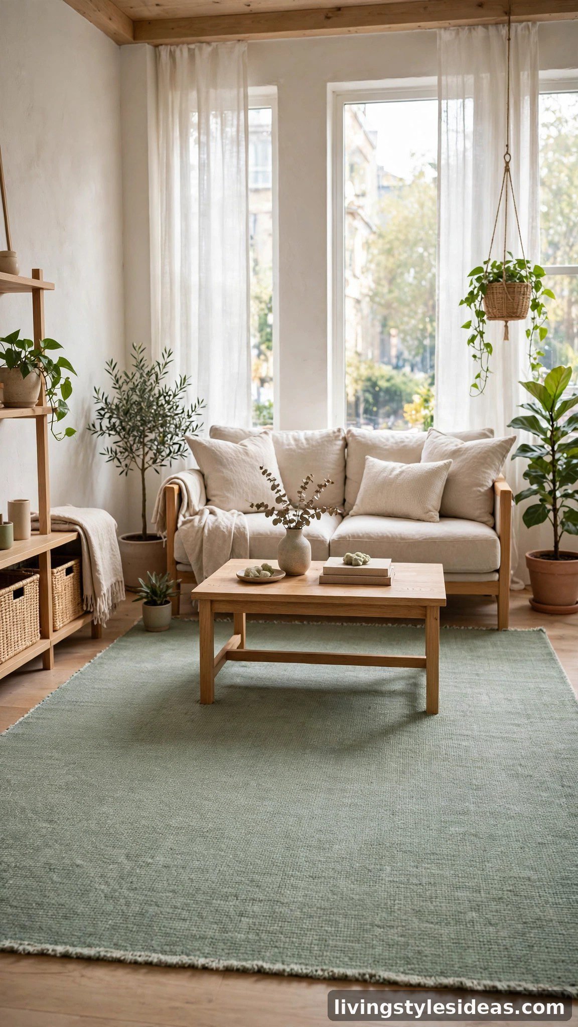 Sage green rug under a coffee table in a light-filled studio