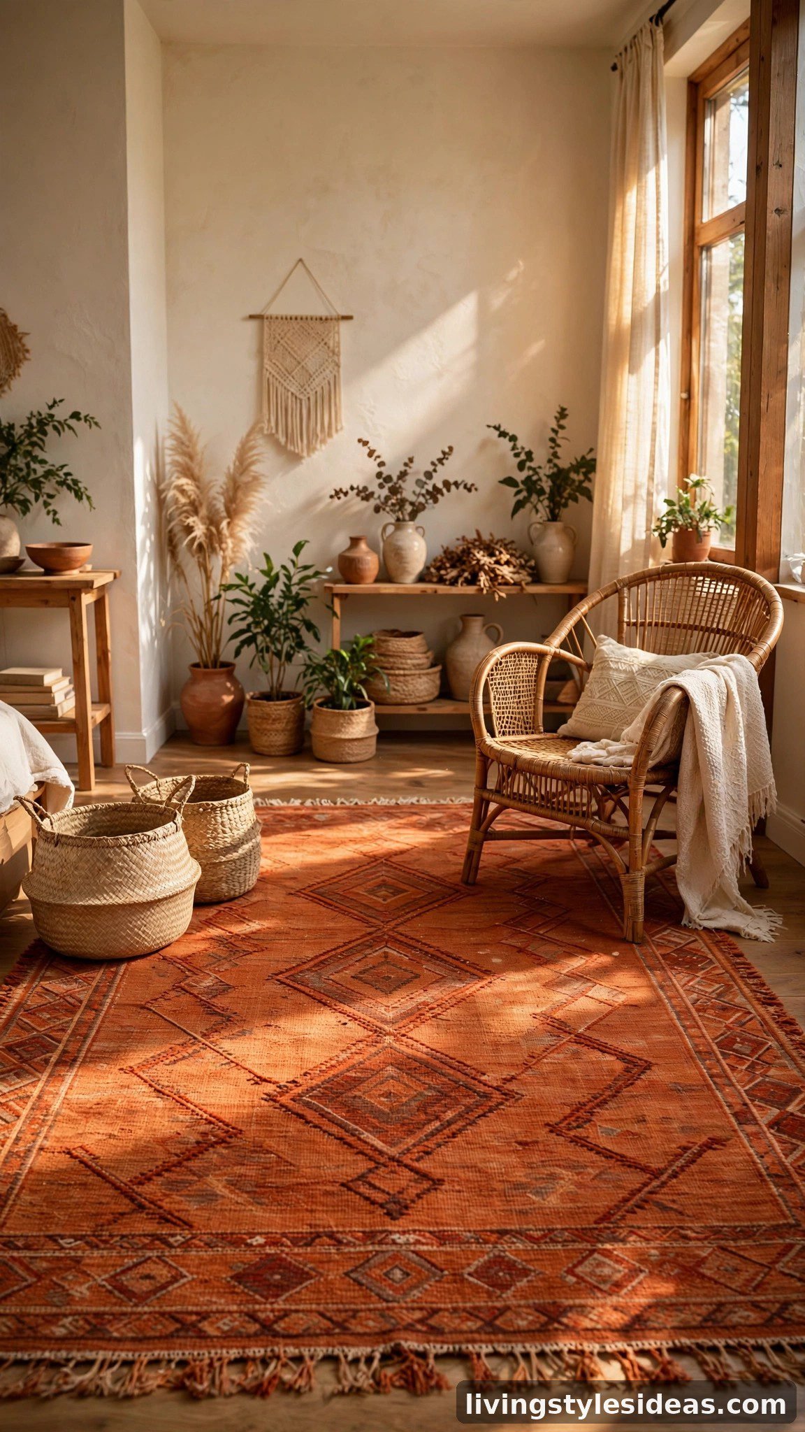 Terracotta burnt-orange rug with woven baskets in a warm studio