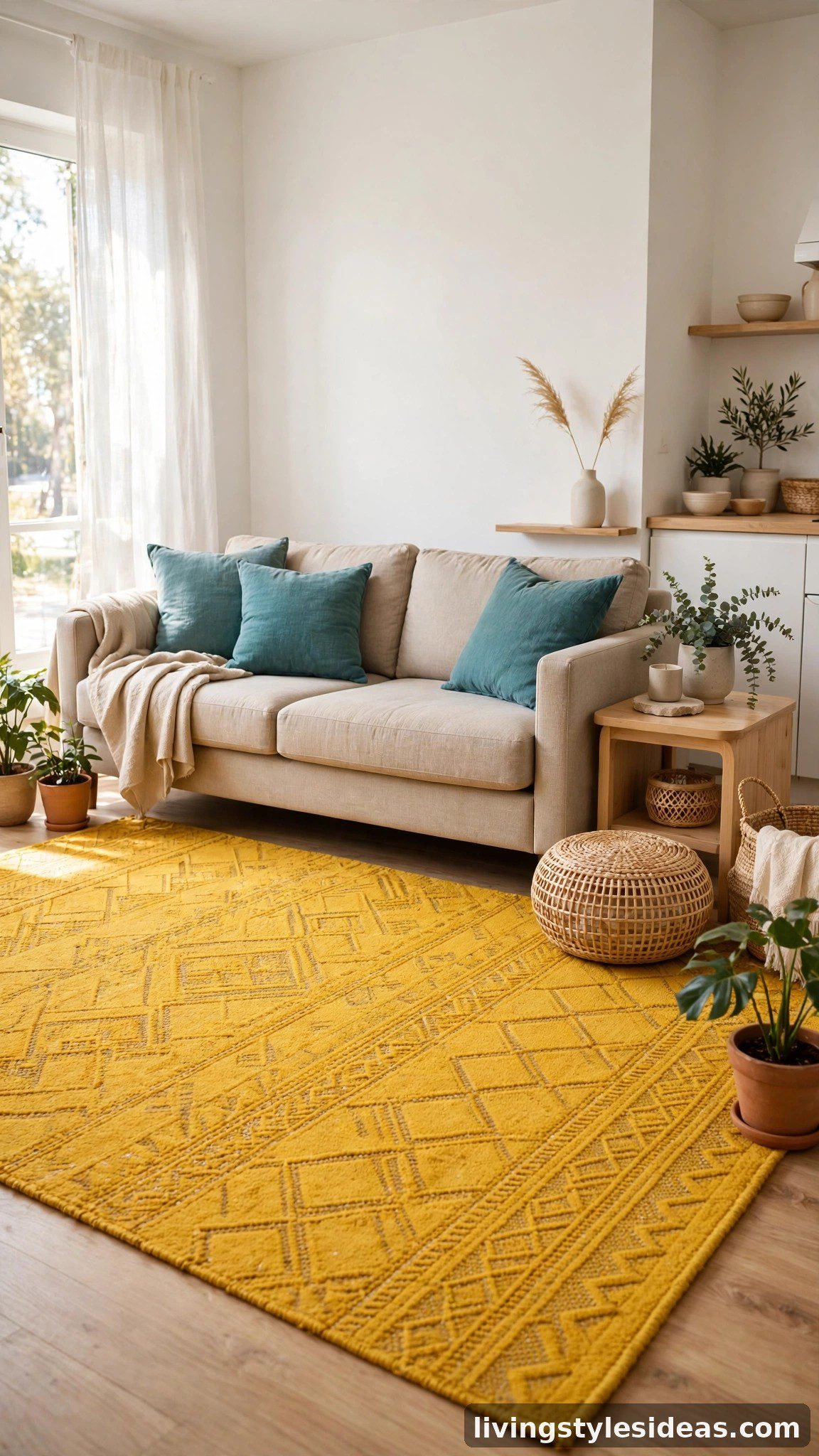 Mustard yellow rug bringing cheerful warmth to a studio apartment