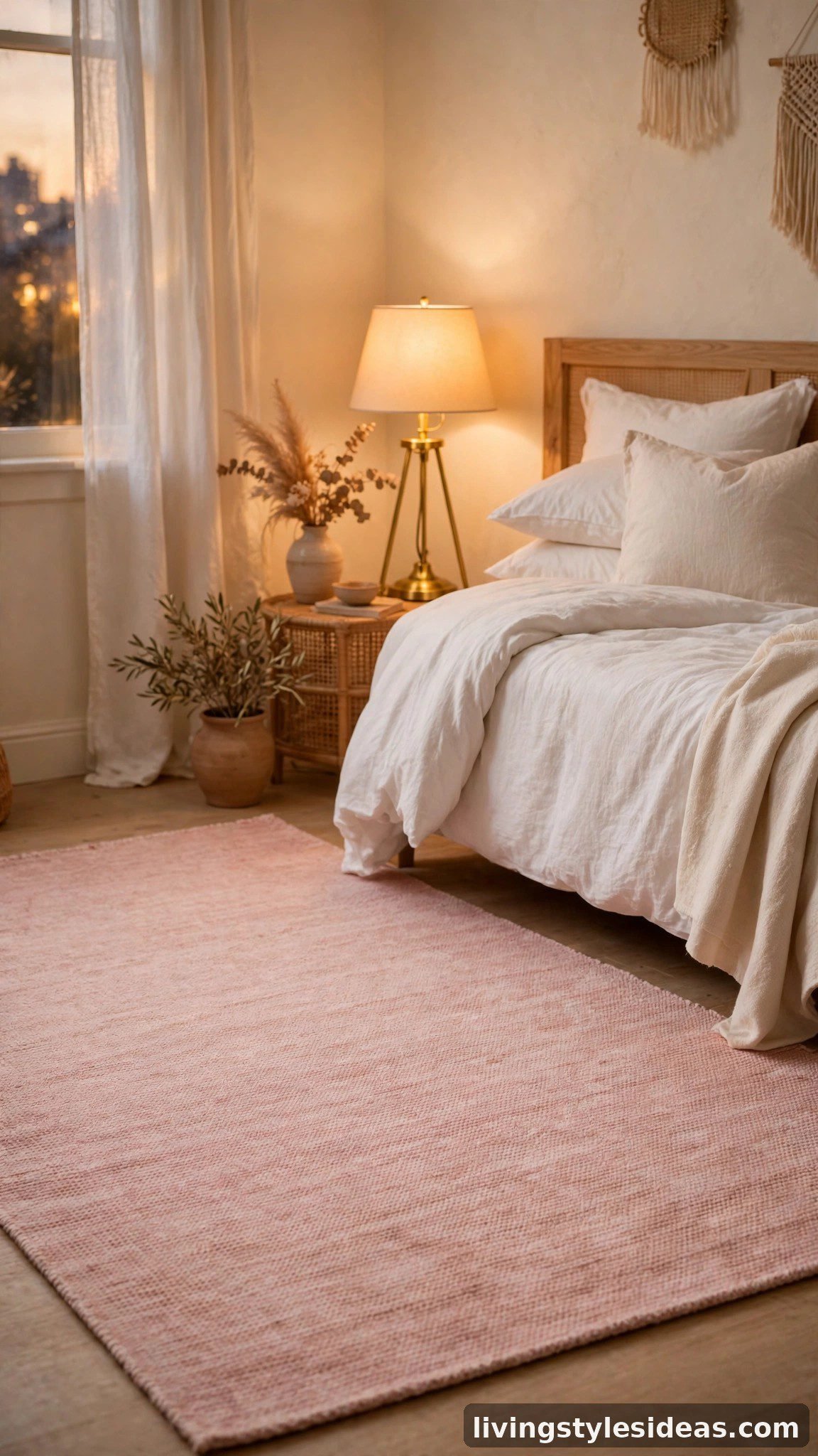 Blush pink rug softening a romantic studio apartment bedroom zone