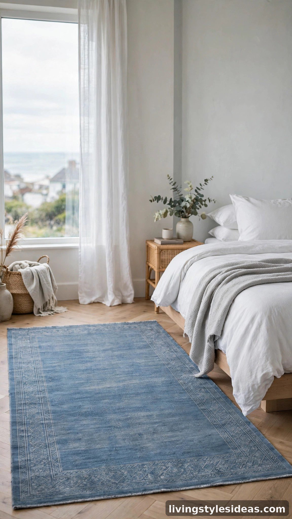 Dusty blue rug beside white bedding in a serene studio apartment