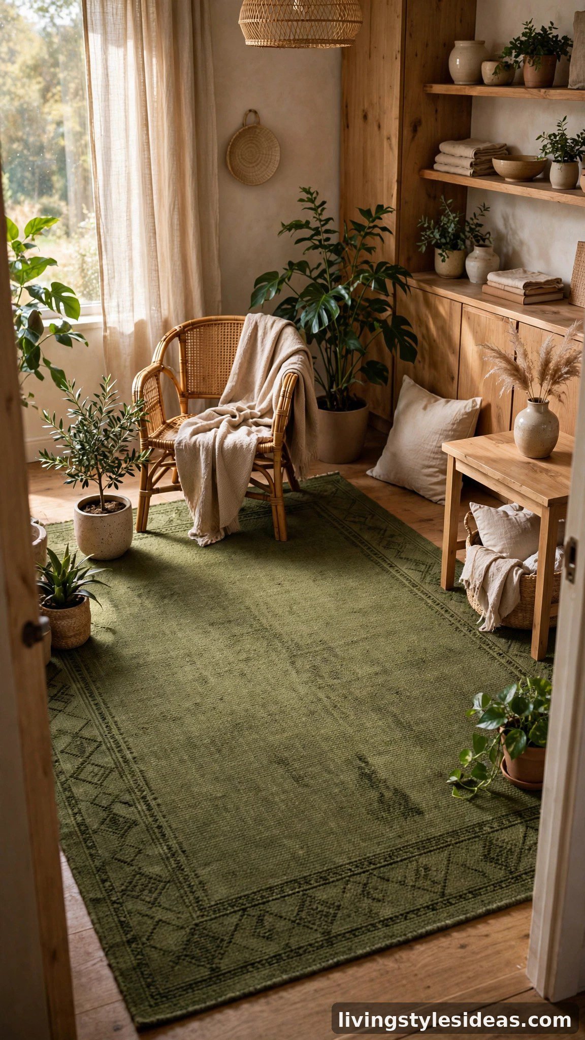 Olive green rug with rattan furniture in an earthy studio apartment