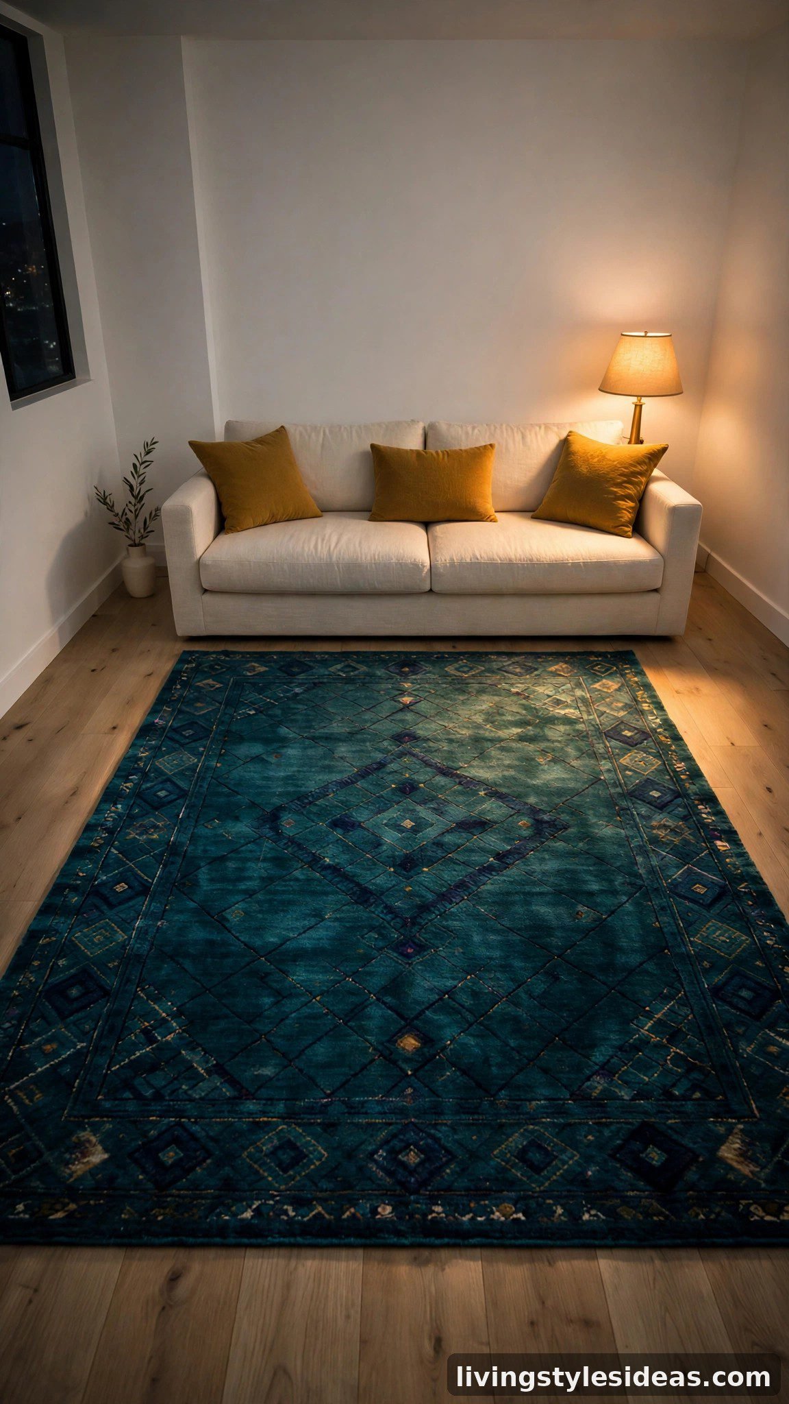 Deep teal jewel-tone rug as a bold foundation in a studio apartment