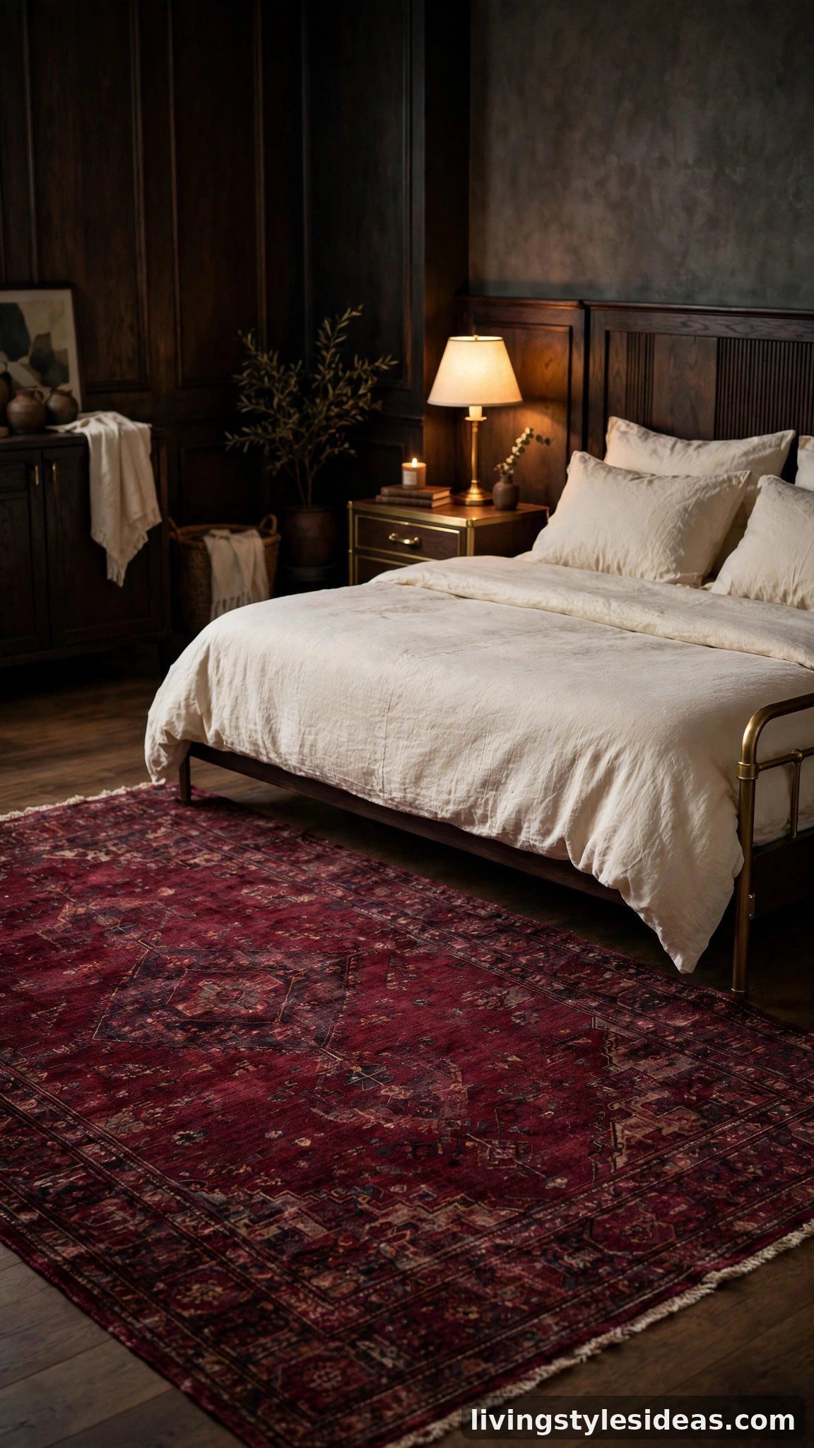 Burgundy wine-toned rug adding cosy drama to a studio sleeping area