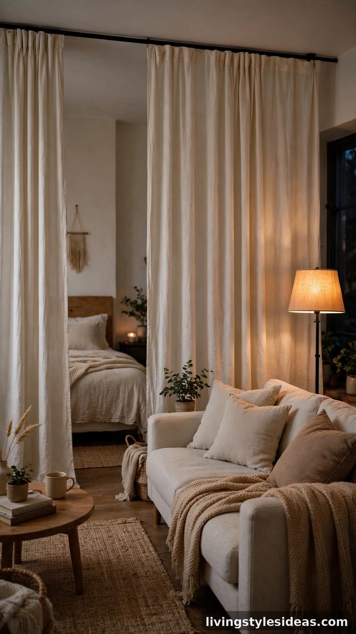 Cozy studio apartment sleep zone separated by floor-to-ceiling cream linen curtain panels