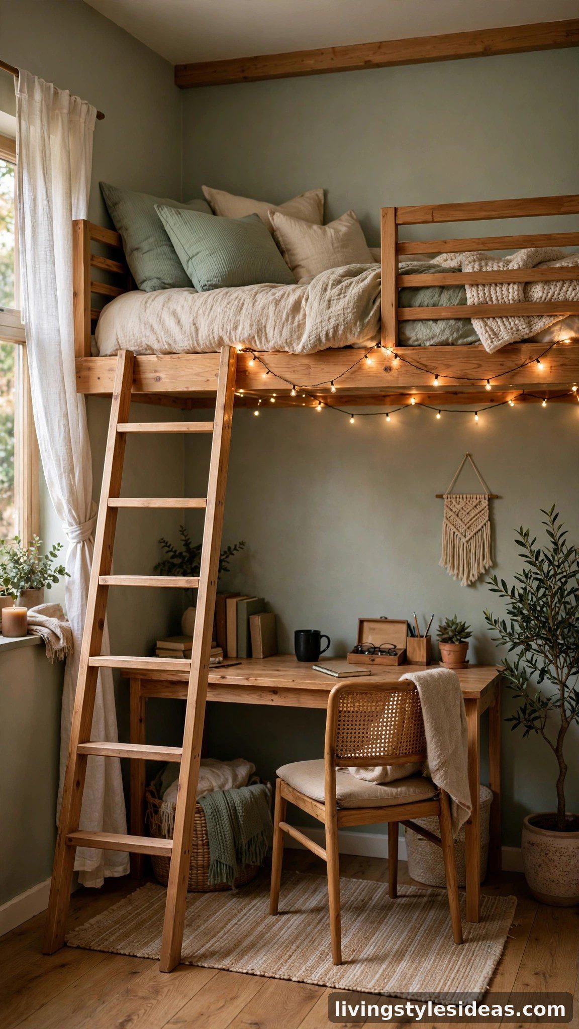 Wooden loft platform bed with workspace nook underneath in a small studio apartment