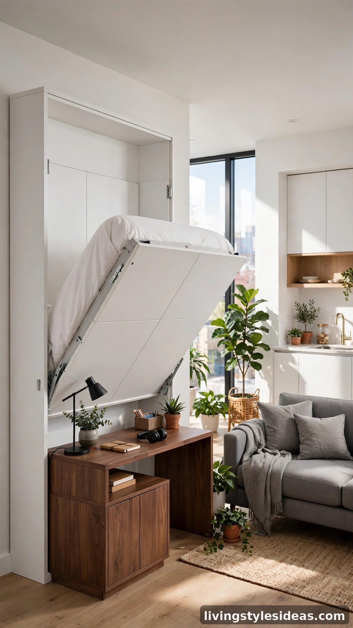 Modern white Murphy wall bed folding down in a studio apartment living area