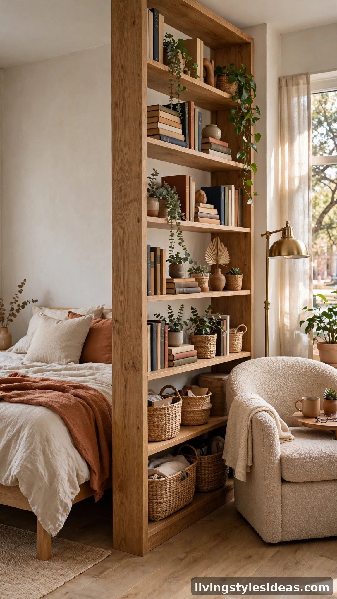 Tall open oak bookshelf dividing the sleeping and living zones in a studio apartment